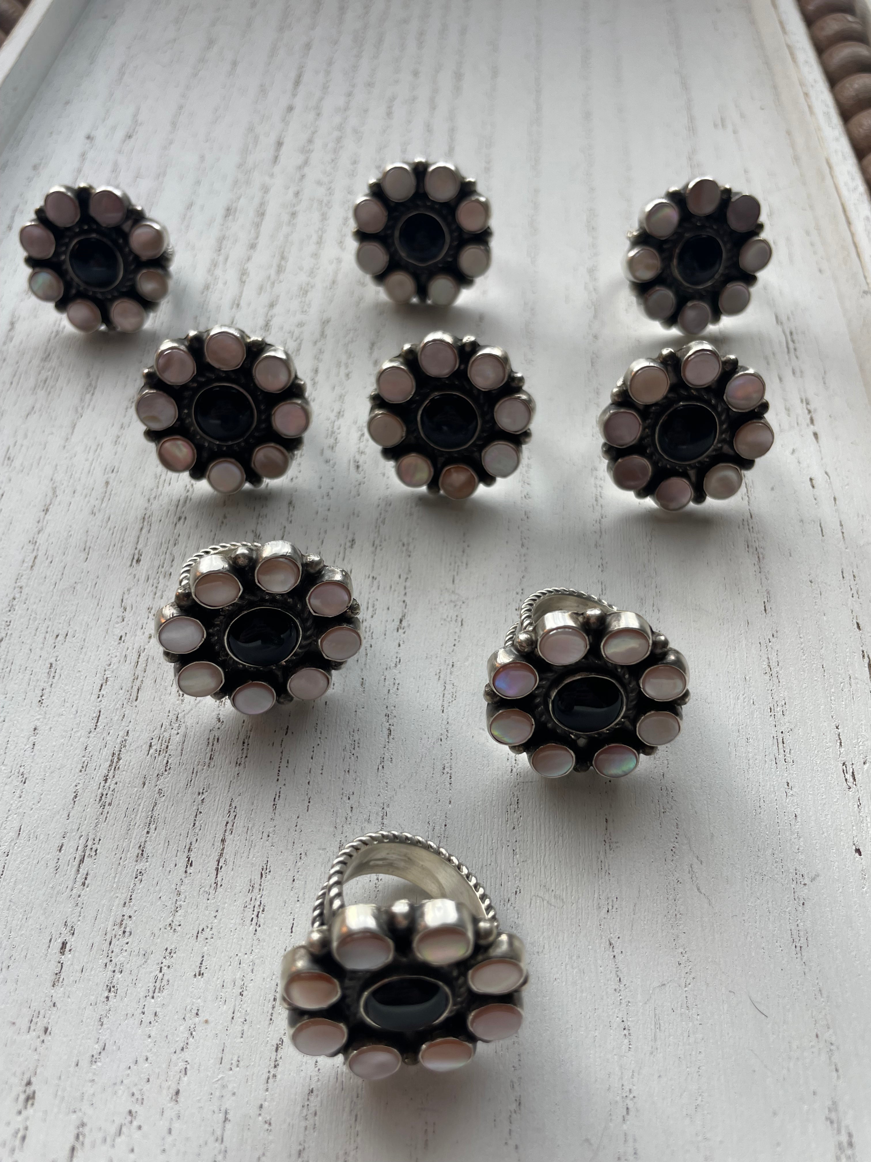 Handcrafted Sterling Silver, Black Onyx, Pink Conch Flower Cluster Adjustable Rings Signed