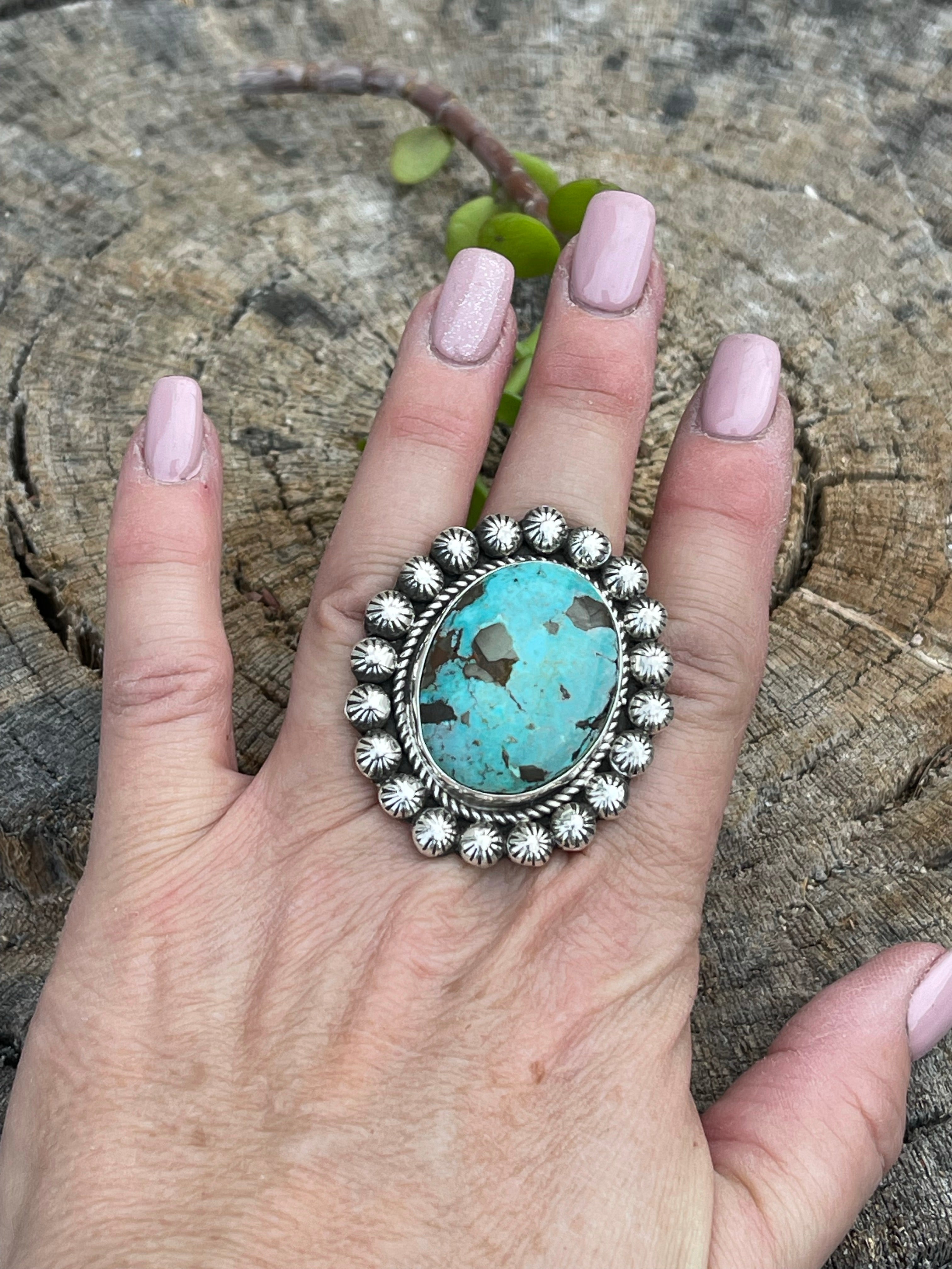 Handcrafted Sterling Silver Turquoise Oval Ring Sz 8