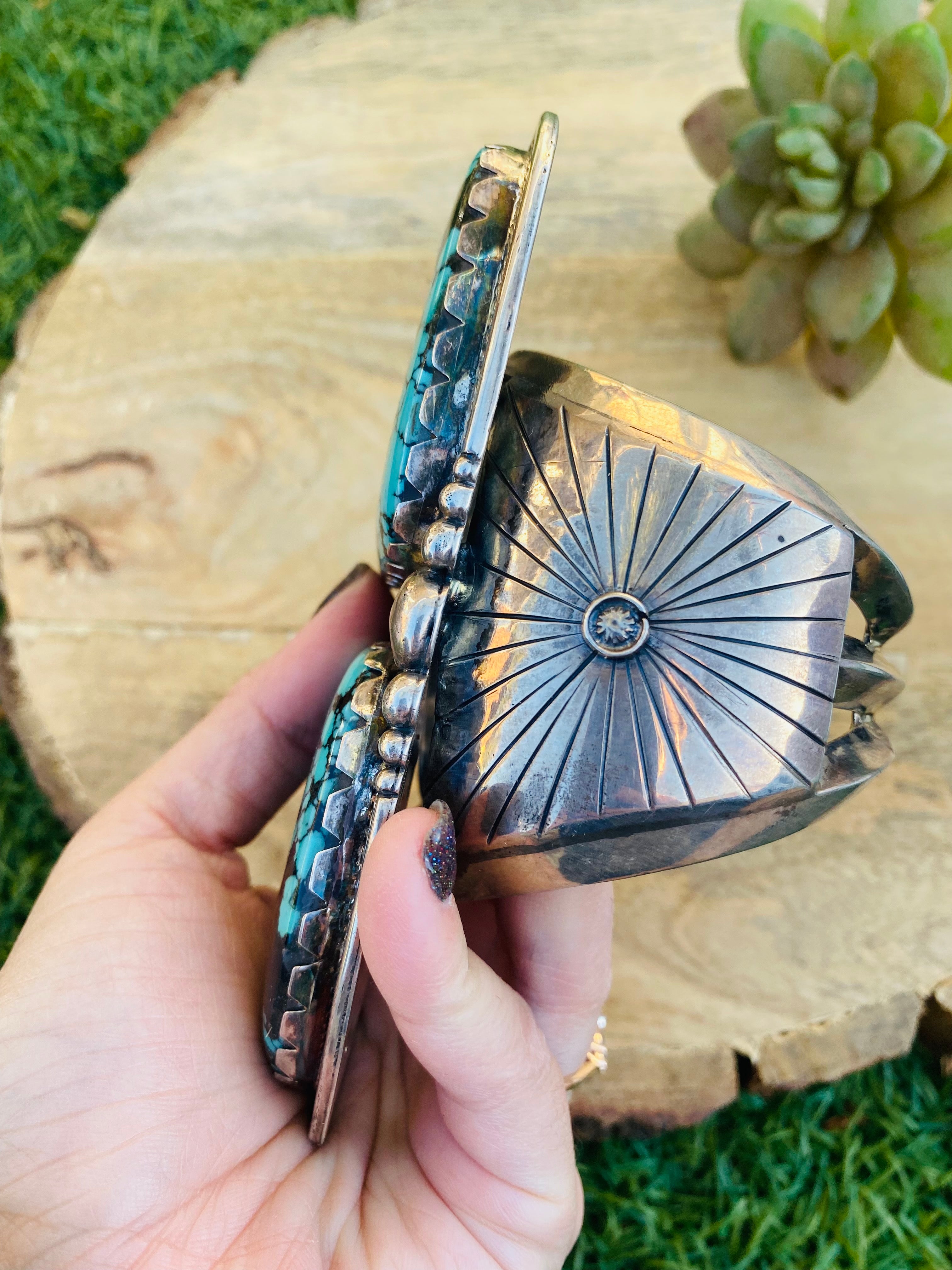 Handcrafted Incredible Vintage Turquoise & Sterling Silver Jumbo Cuff Bracelet /