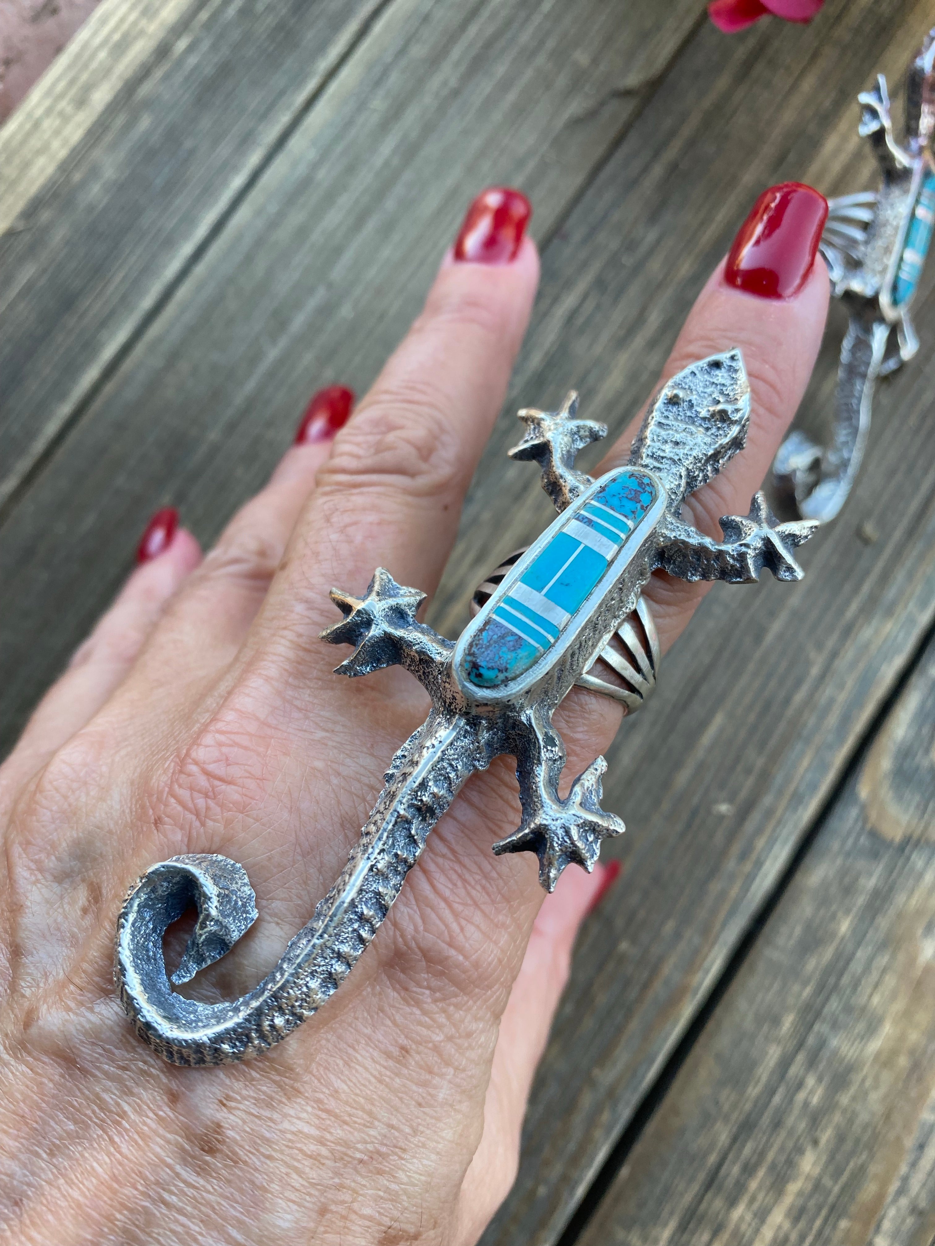 Handcrafted Turquoise& Sterling Silver Inlay Gecko Ring