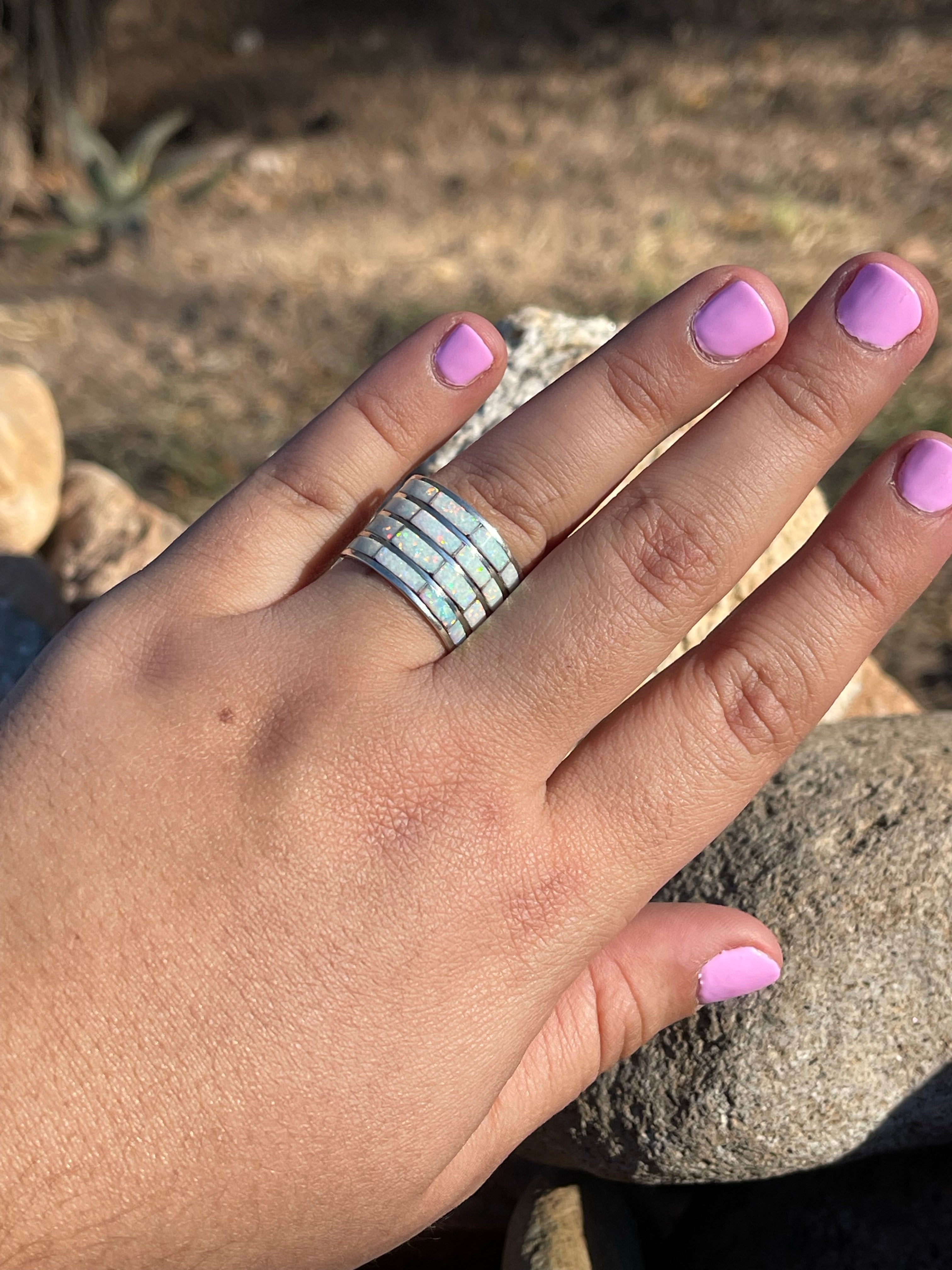 Handcrafted White Fire Opal 4 Row Stacker