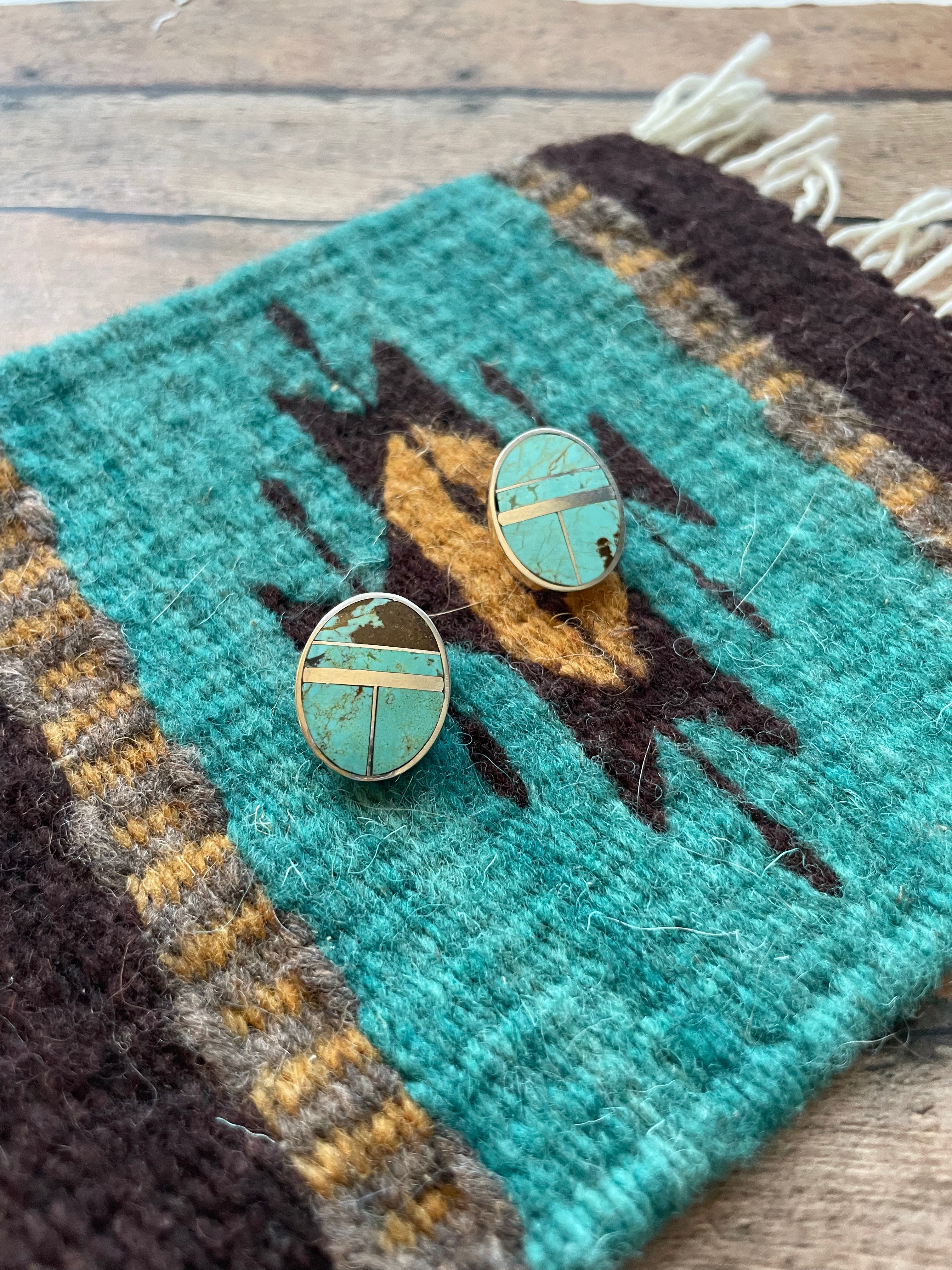 Navajo Number 8 Turquoise Inlay & Sterling Silver Post Earrings Signed