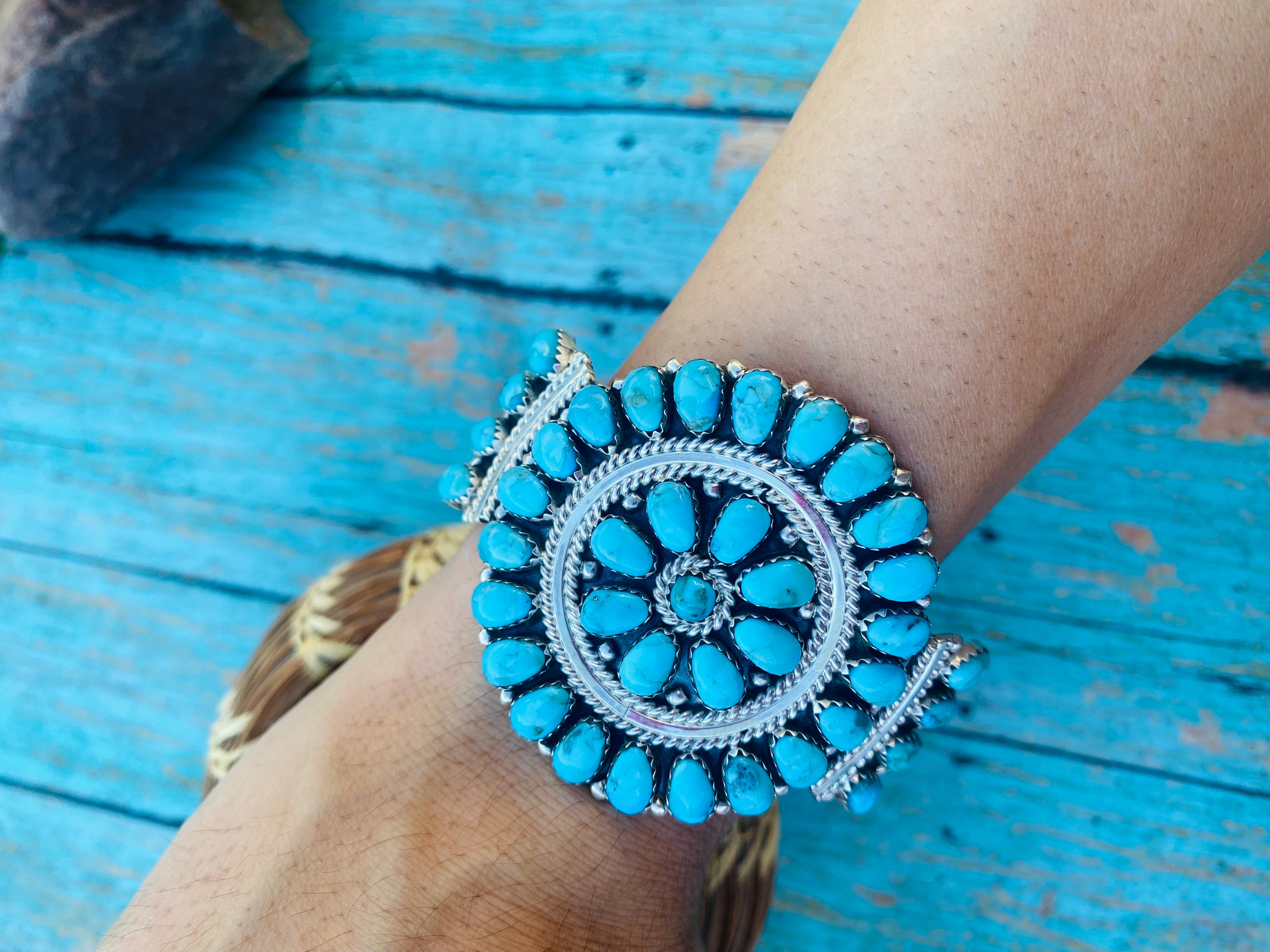 Navajo Kingman Turquoise & Sterling Silver Cluster Bracelet Cuff /