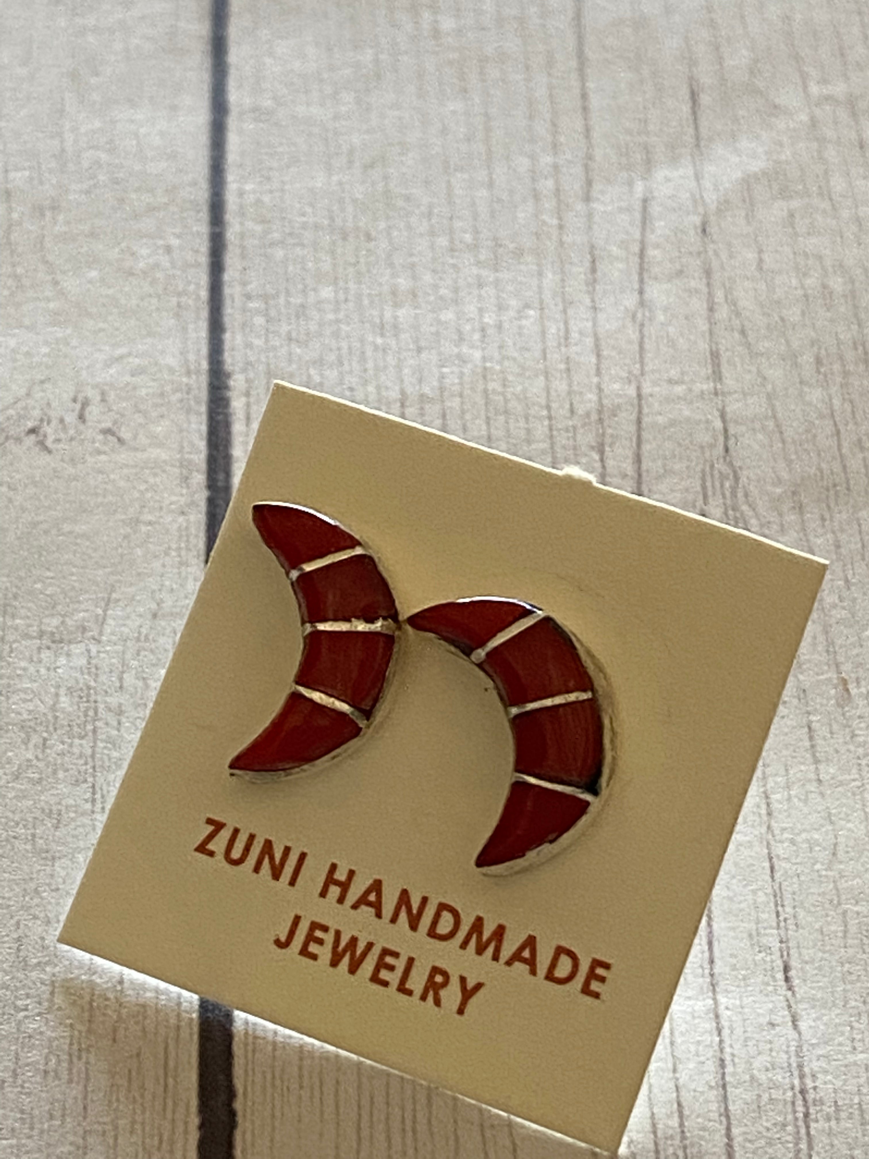 Handcrafted Sterling Silver & Coral Inlay Moon Stud Earrings