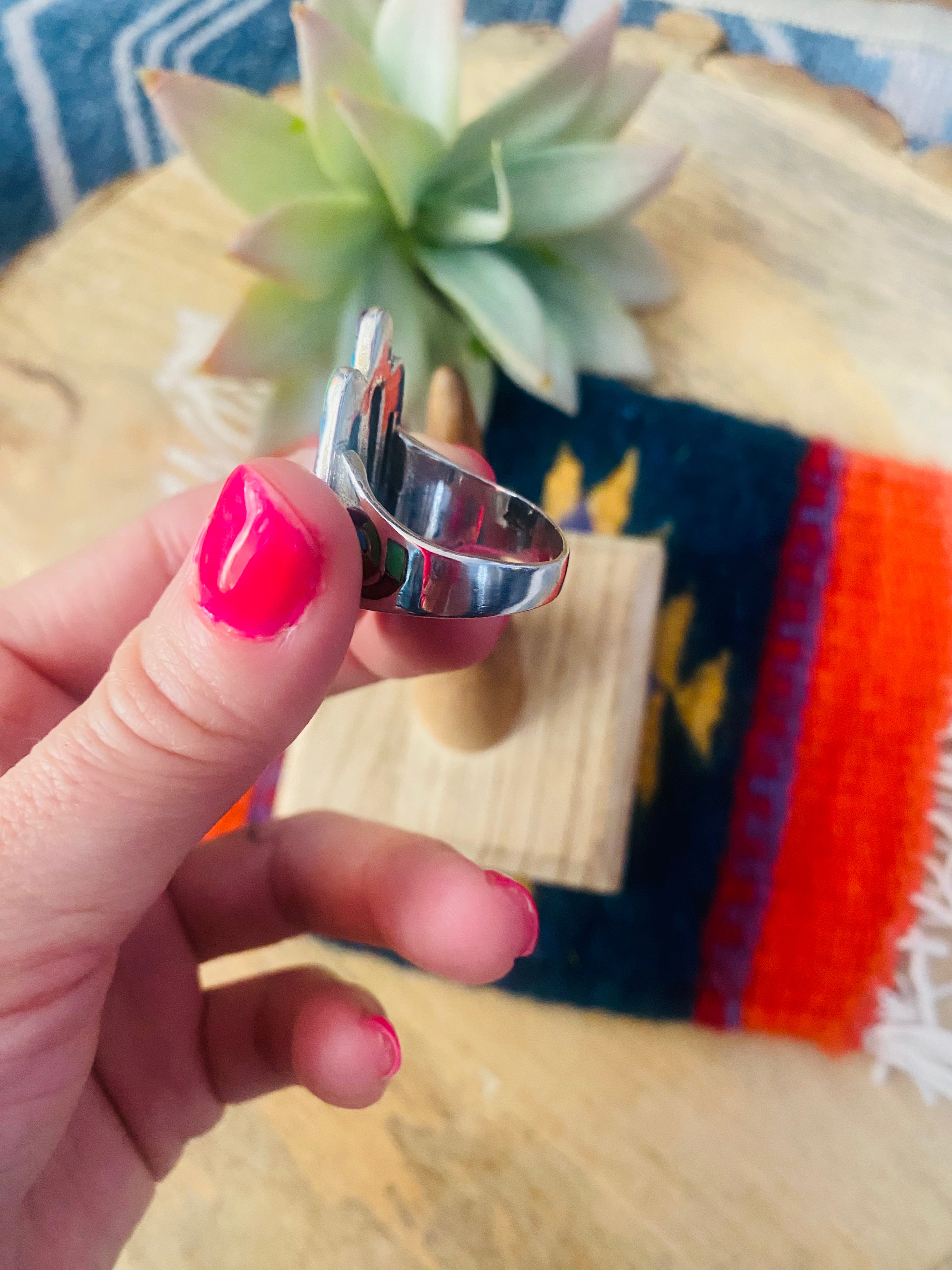 Handmade Sterling Silver & Multi Stone Inlay Hamsa Hand Ring Size 9