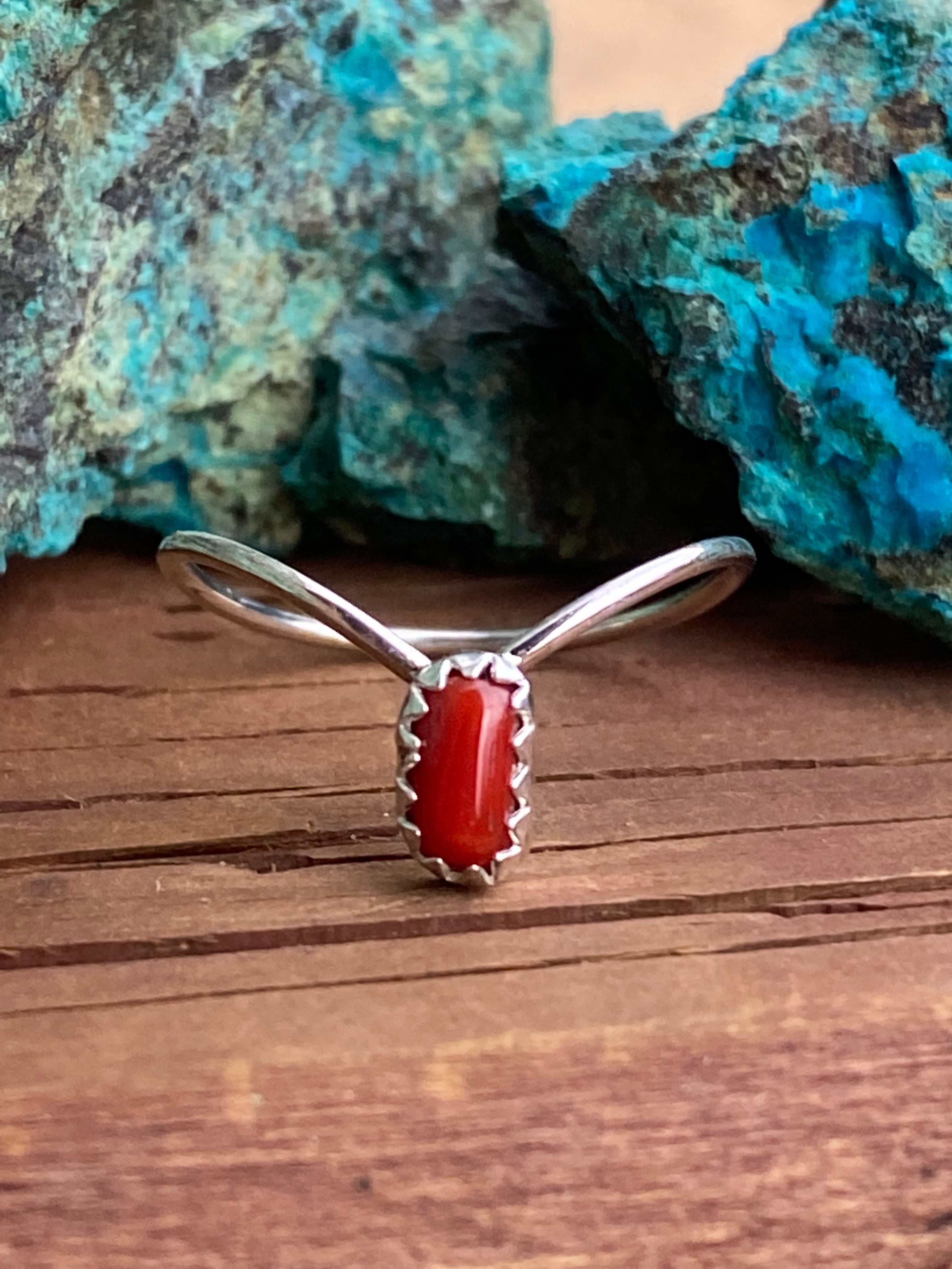 Handcrafted Natural Coral & Sterling Silver V Ring
