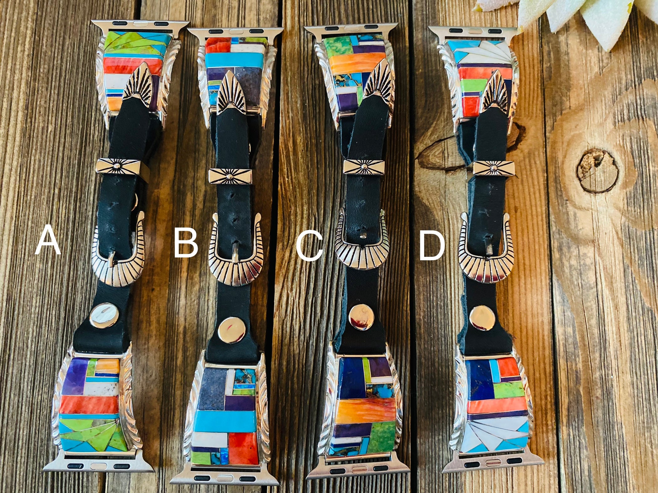 Handcrafted Multi Stone, Sterling Silver & Black Leather Smartphone Watch Band