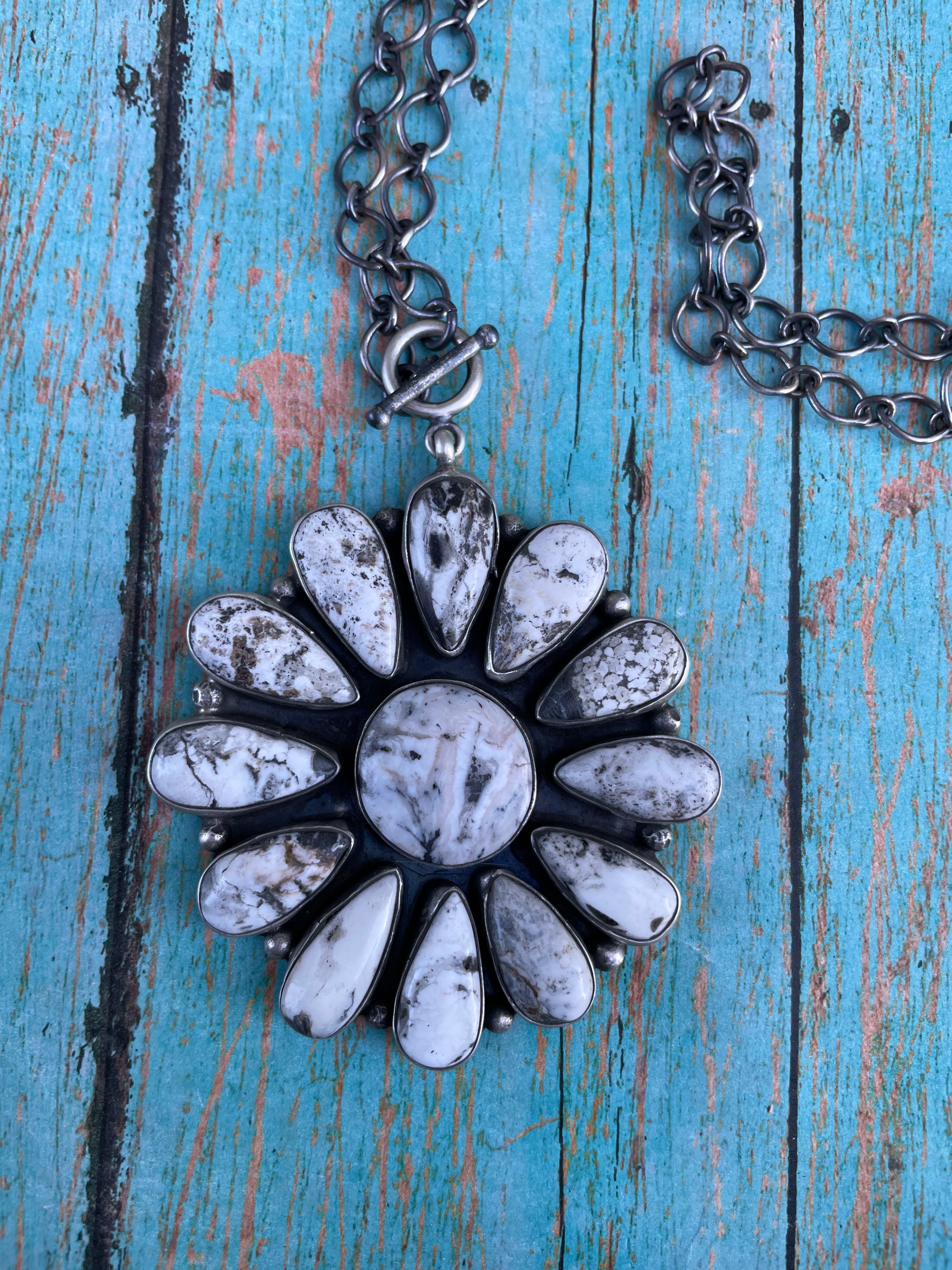Navajo Sterling Silver And White Buffalo Cluster Necklace By Ella Peter