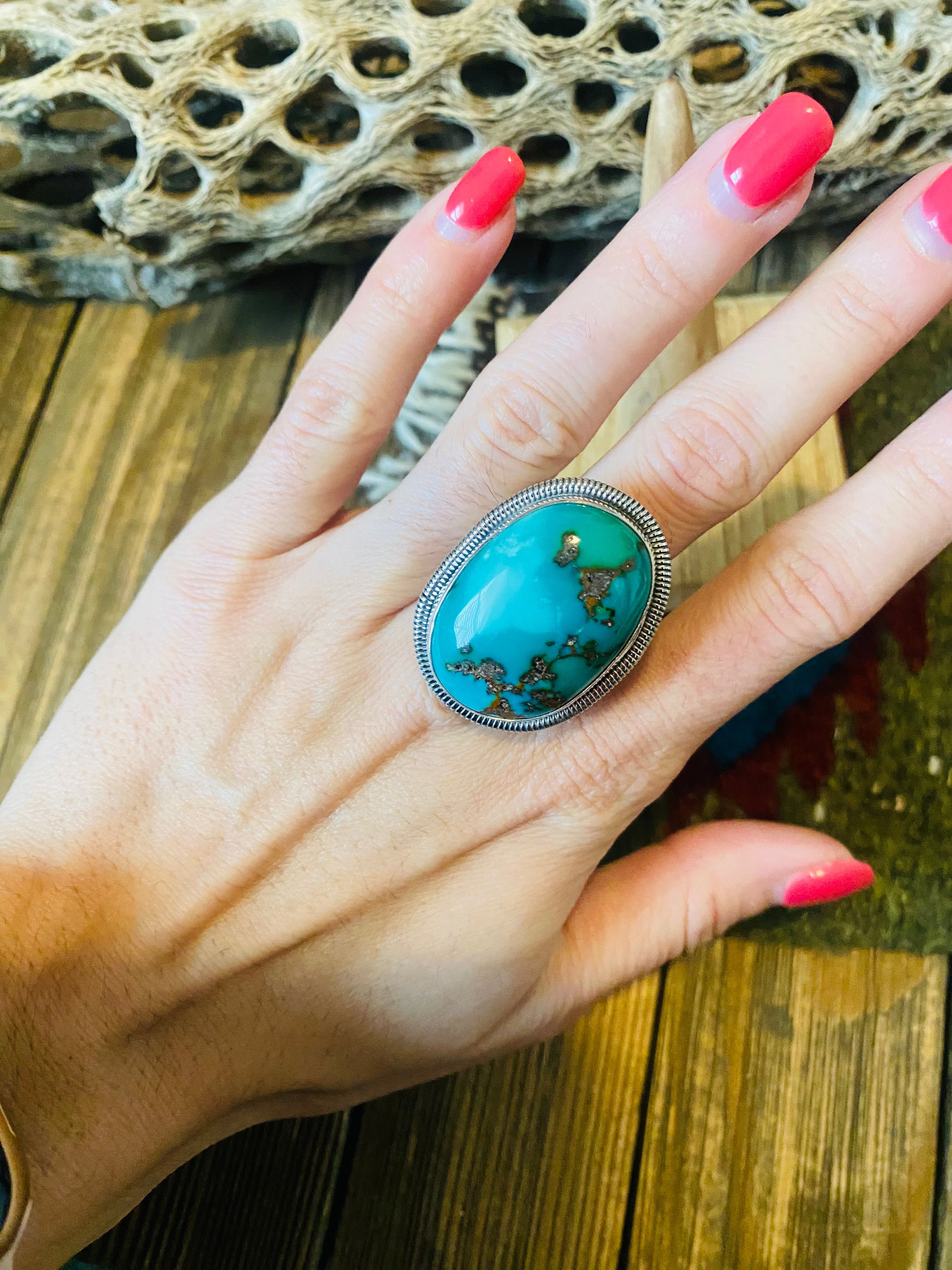Handcrafted Gold Canyon Turquoise & Sterling Silver Adjustable Ring by Wydell Billie