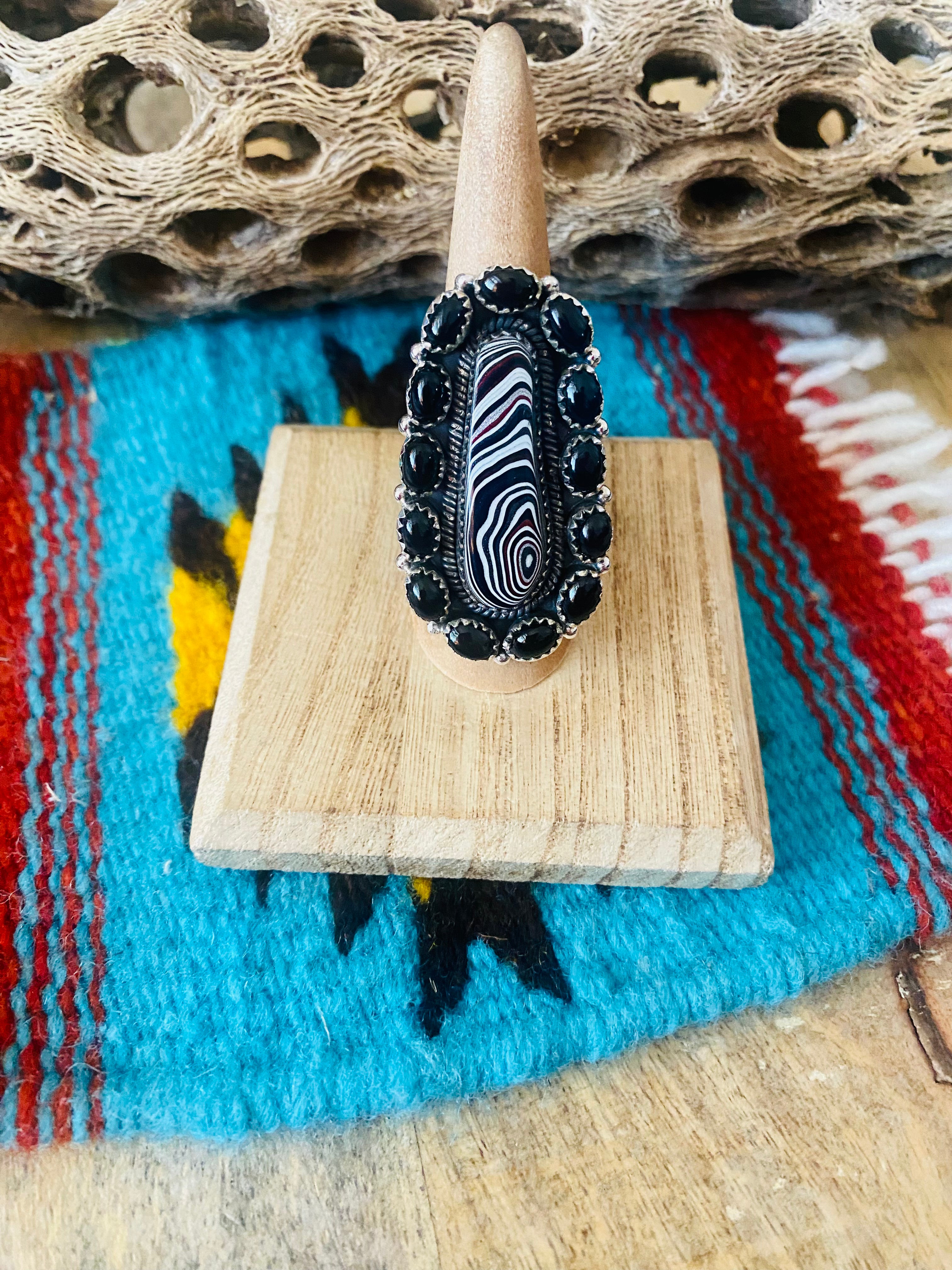 Handmade Sterling Silver, Fordite & Onyx Cluster Adjustable Ring