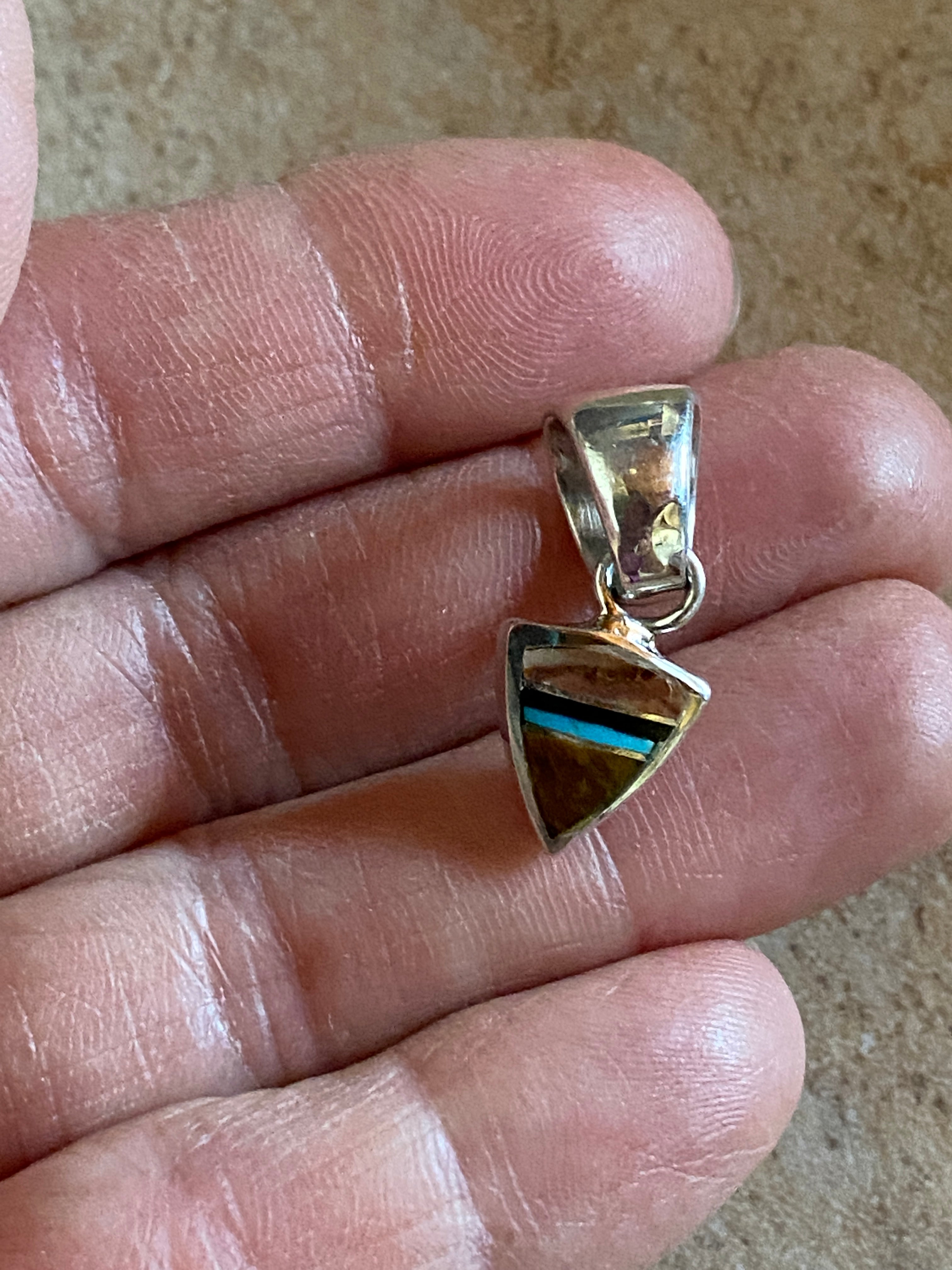 Handcrafted Turquoise, Onyx, Petrified Wood Triangle Pendant