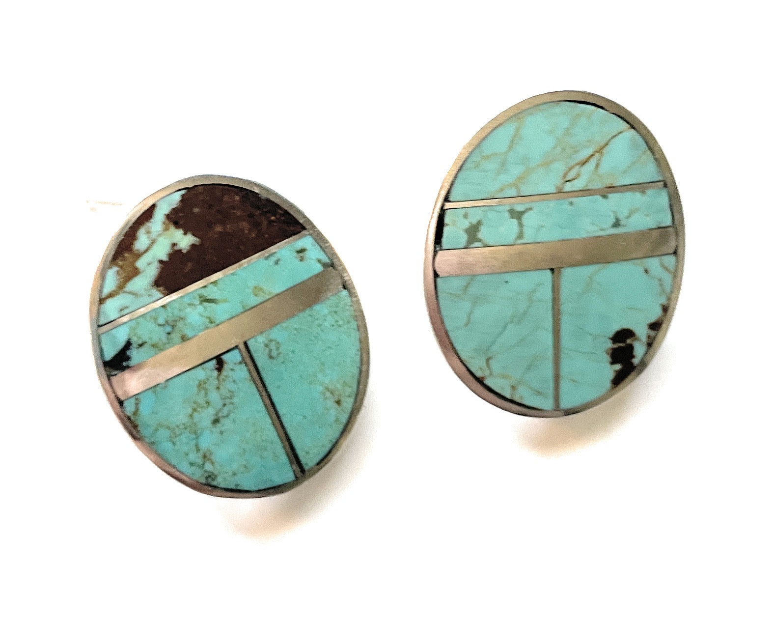 Navajo Number 8 Turquoise Inlay & Sterling Silver Post Earrings Signed
