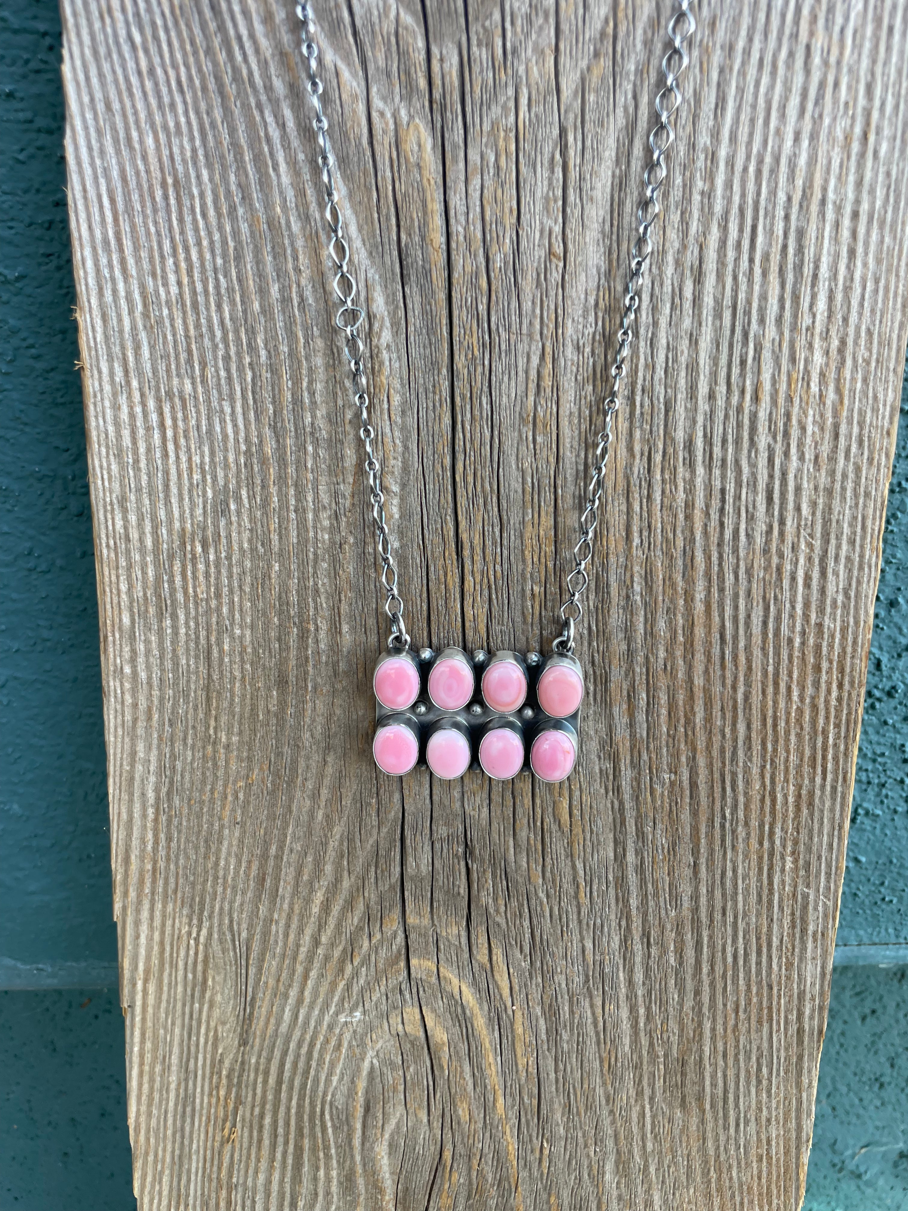 8 Stone Queen Pink Conch Shell And Sterling Silver Necklace Signed