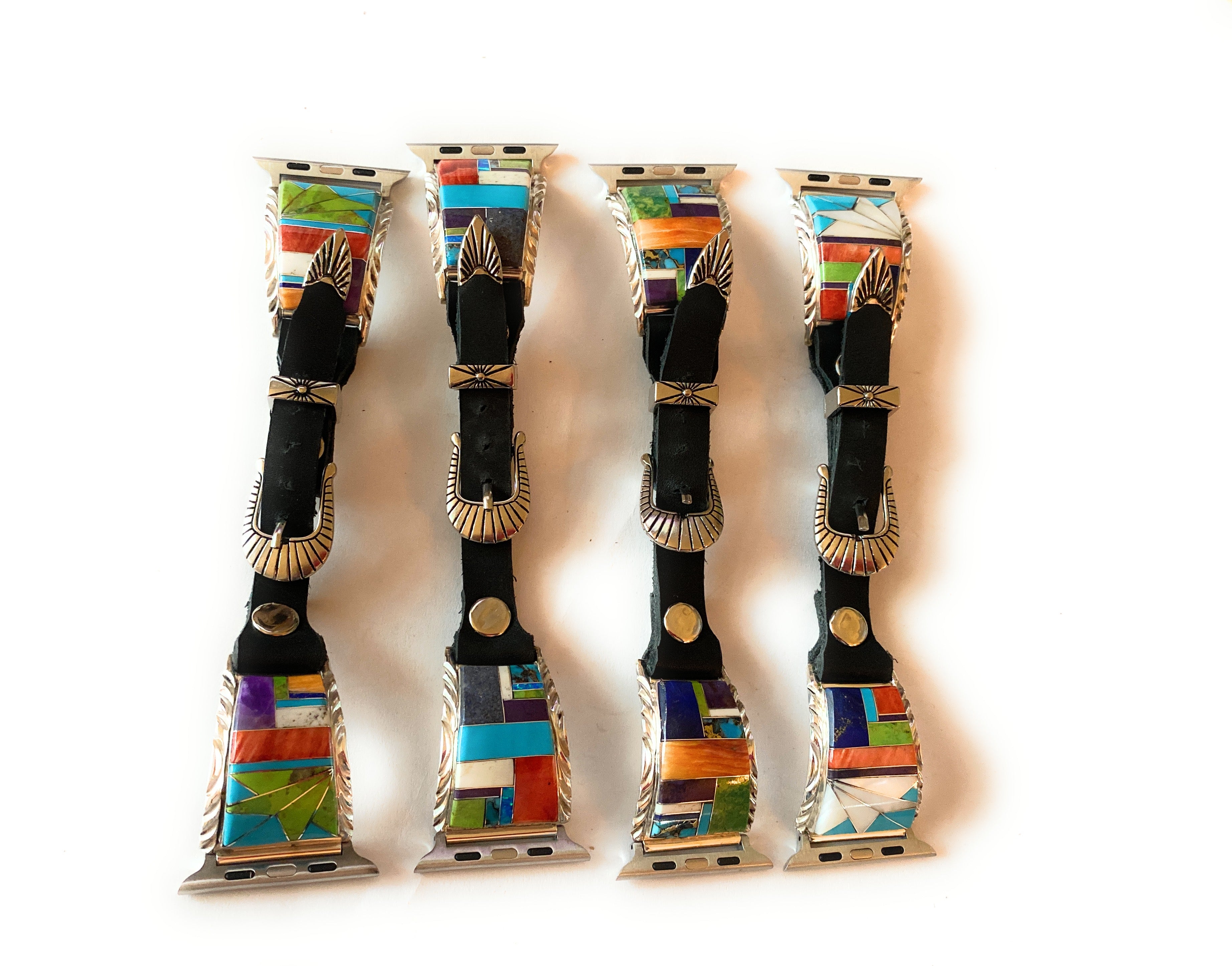 Handcrafted Multi Stone, Sterling Silver & Black Leather Smartphone Watch Band