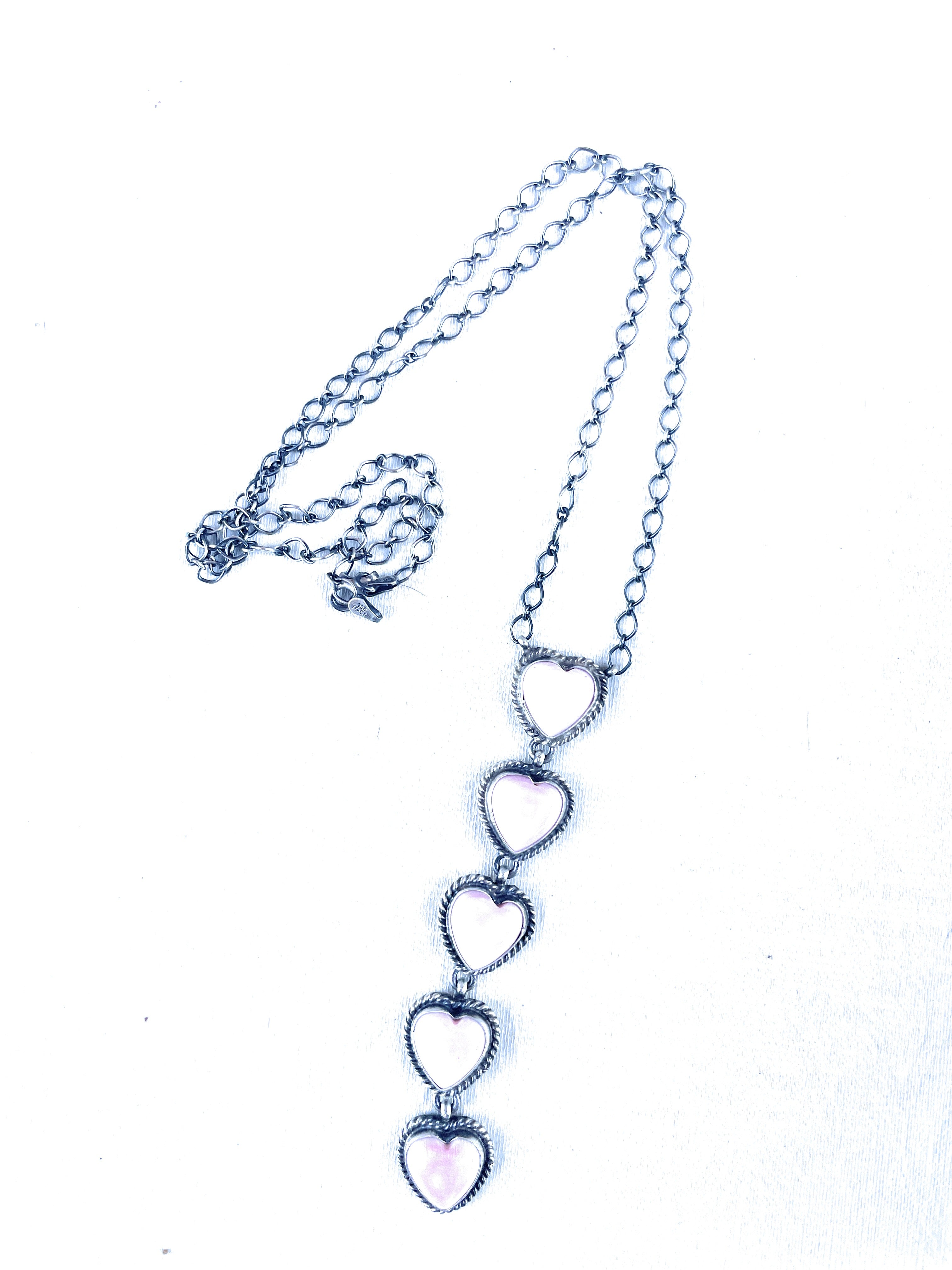 Handcrafted Queen Pink Conch Shell And Sterling Silver Drop 5 Heart Necklace by Peggy Skeets