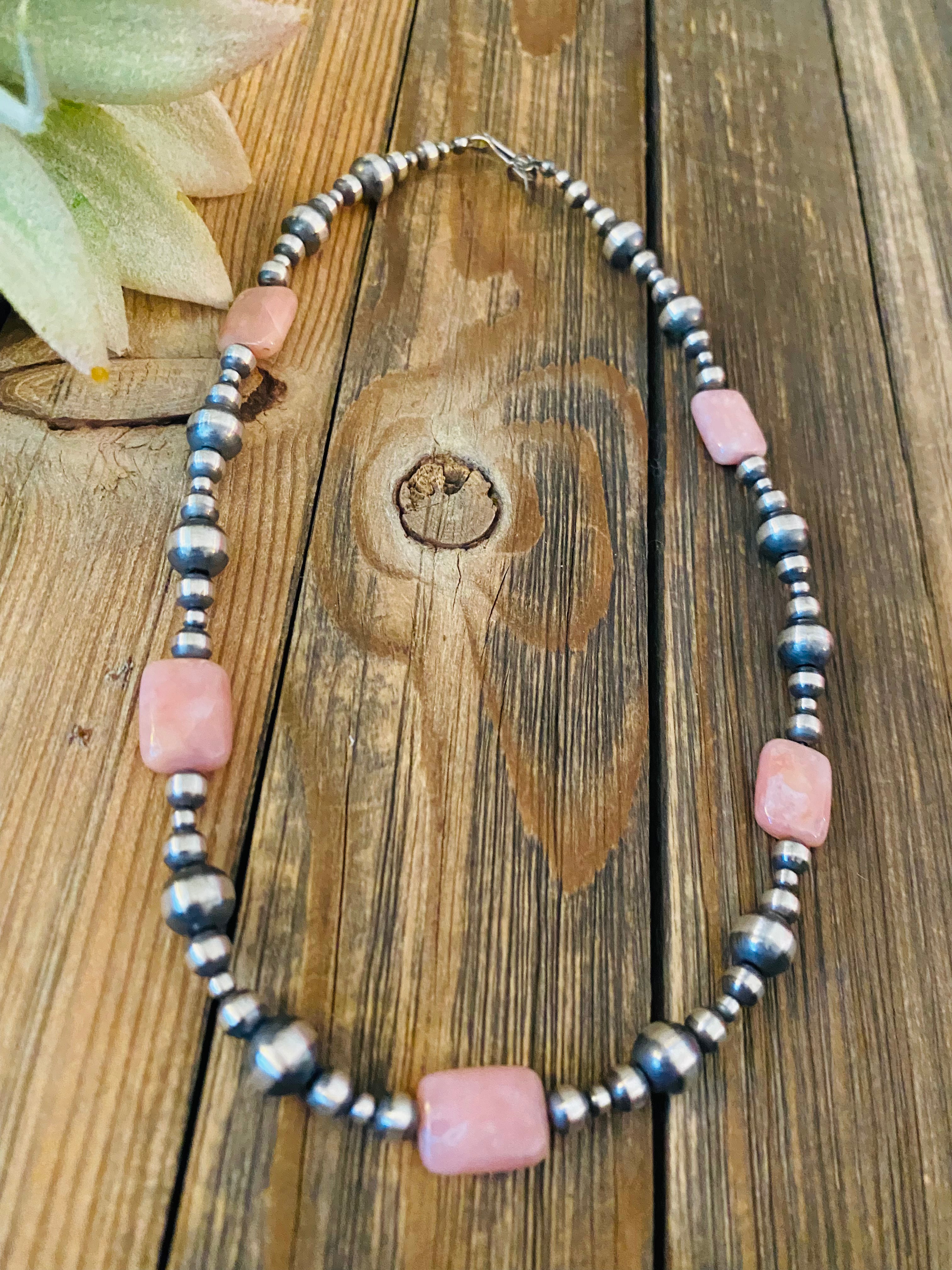 Handcrafted Sterling Silver Pearl & Pink Opal Beaded Necklace