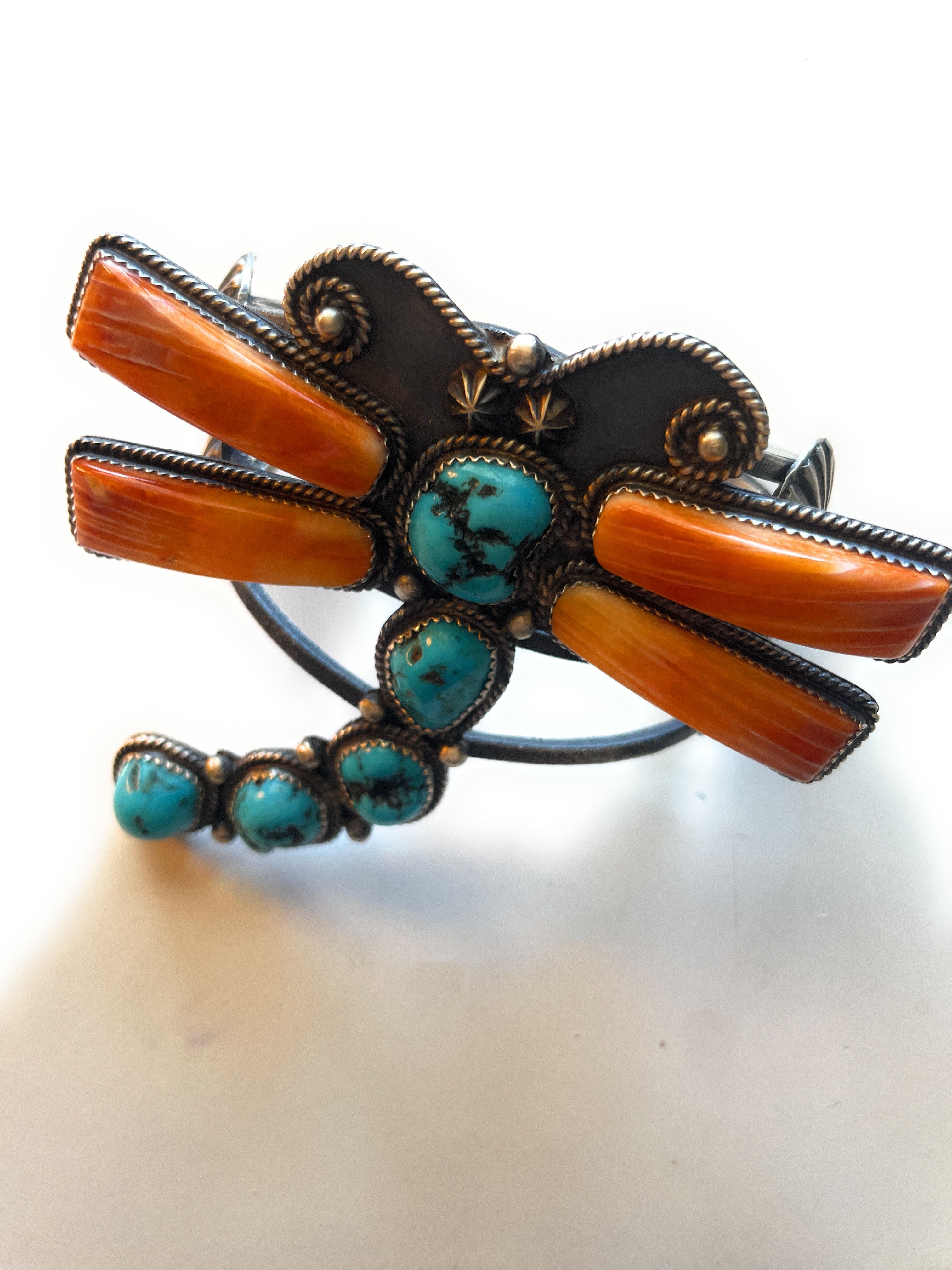 Navajo Kingman Turquoise, Spiny & Sterling Silver Dragonfly Cuff Bracelet Signed Kevin Billah