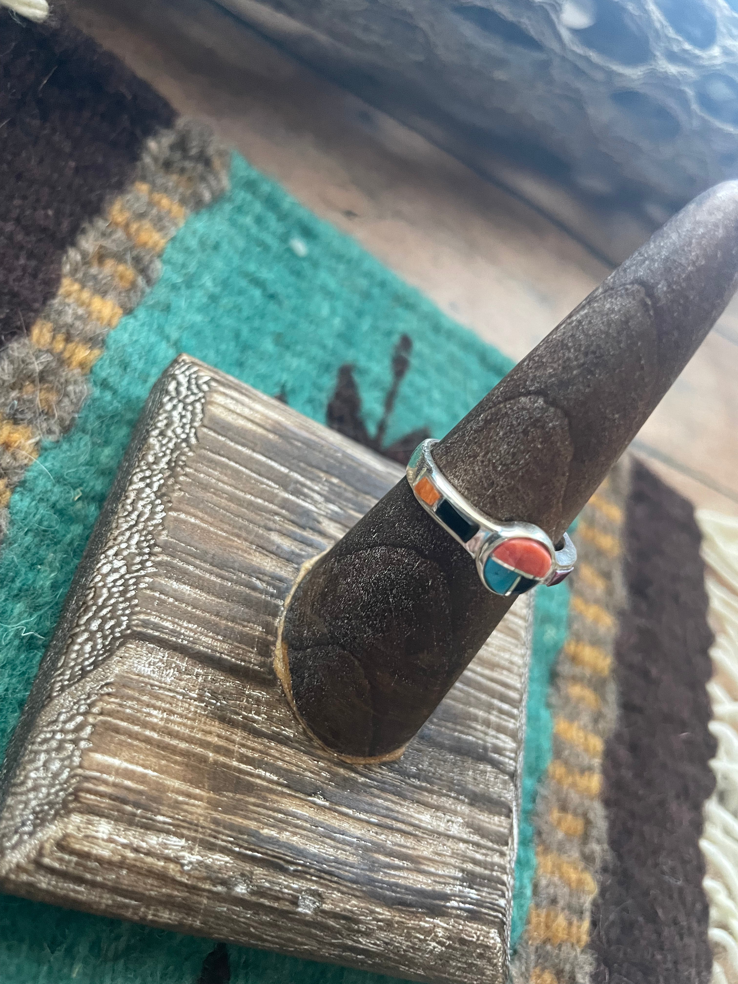 Navajo Sterling Silver & Multi Stone Inlay Ring Size 7.5