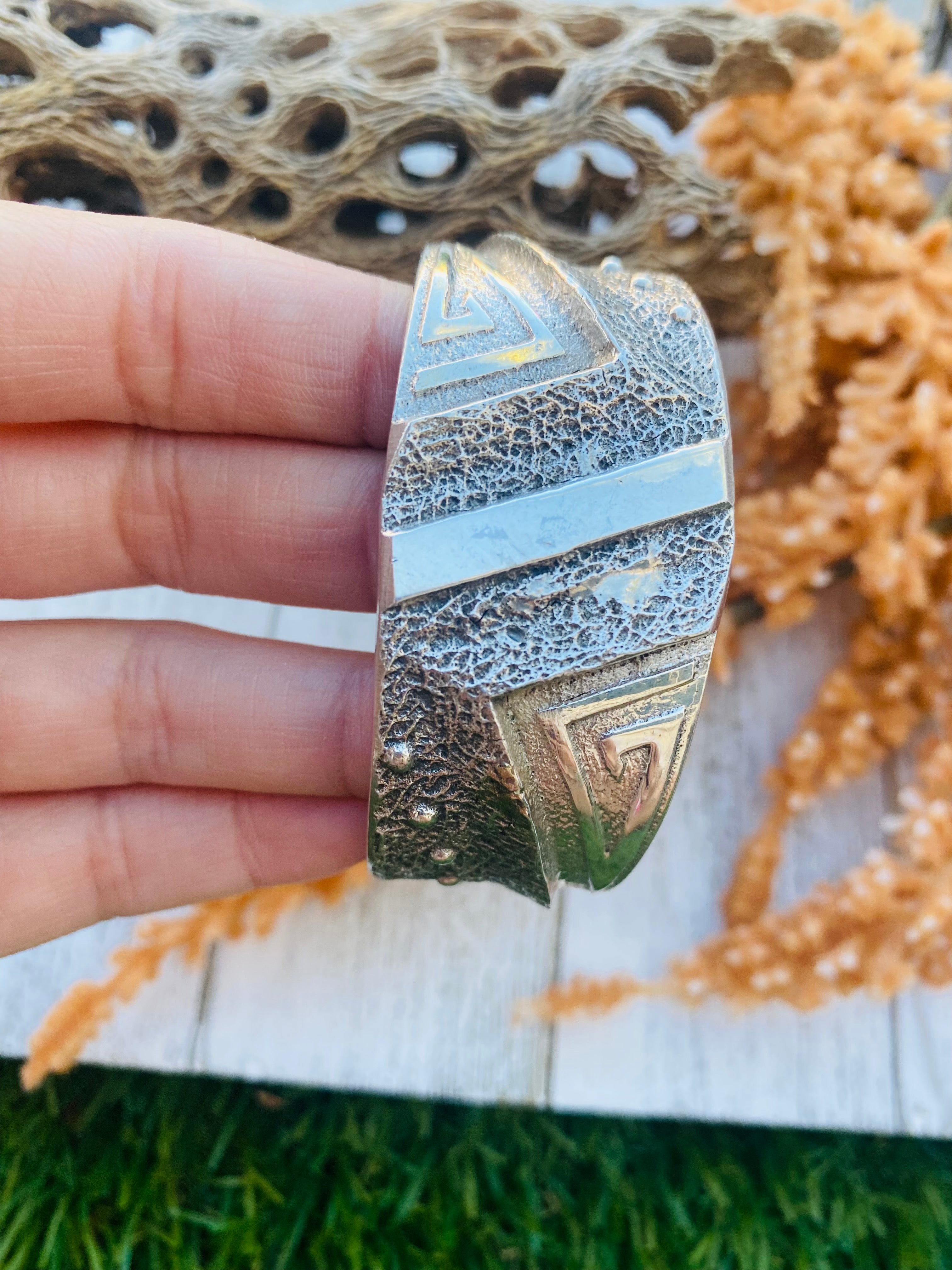 Handcrafted Vintage Sterling Silver Tufa Cast Cuff Bracelet