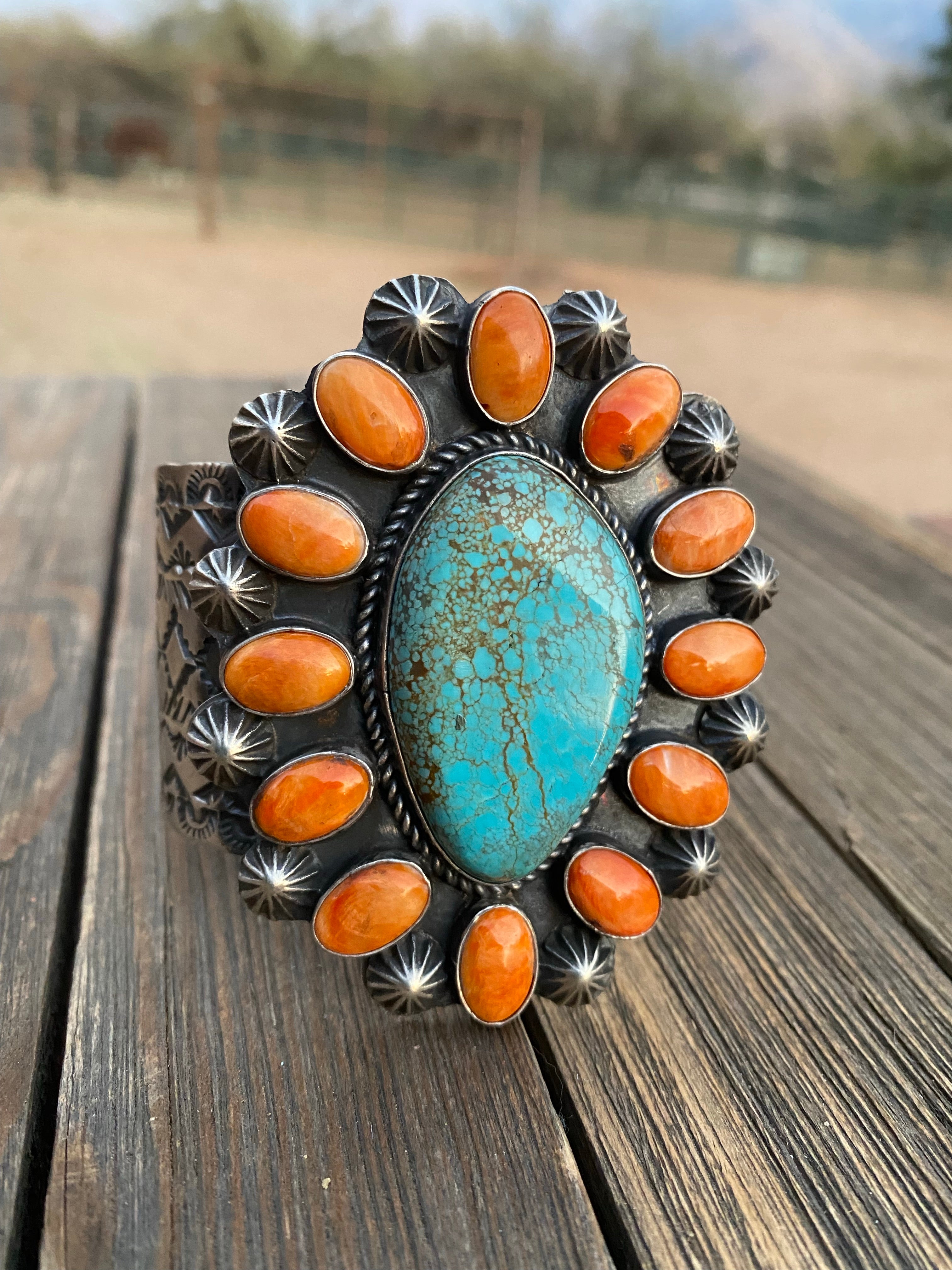 Handcrafted Kingman Turquoise & Spiny Sterling Silver Bracelet Signed /
