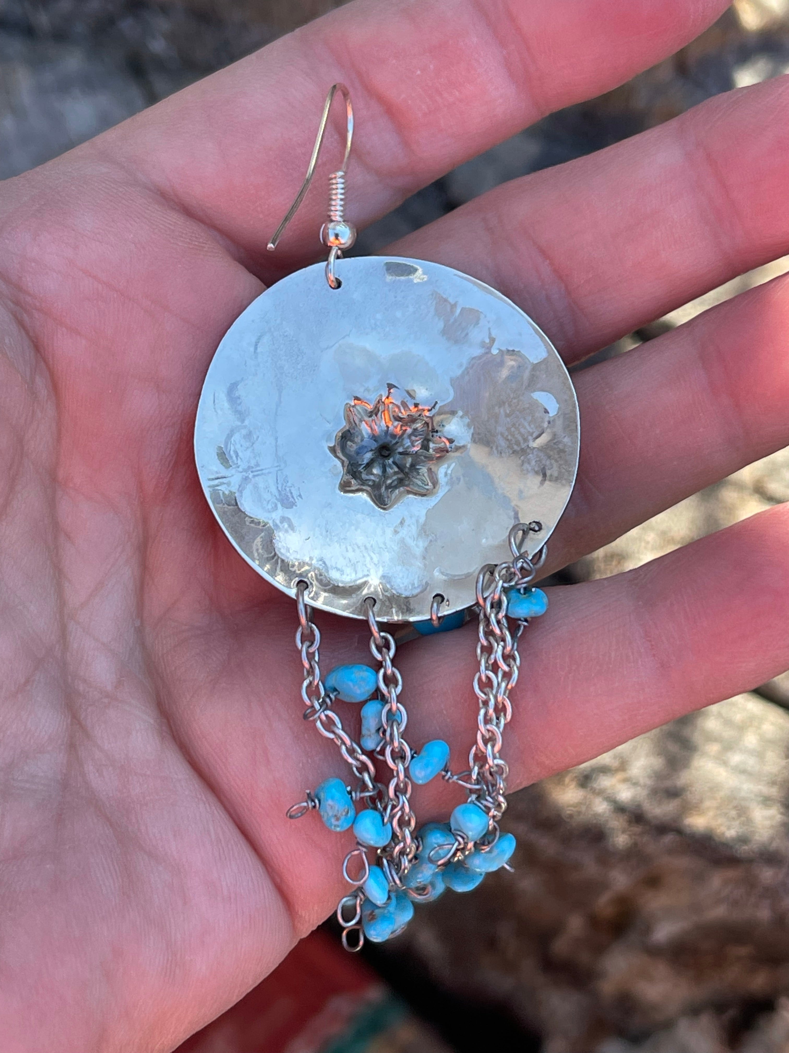 Sterling Silver Turquoise Concho Chain Dangle Earrings