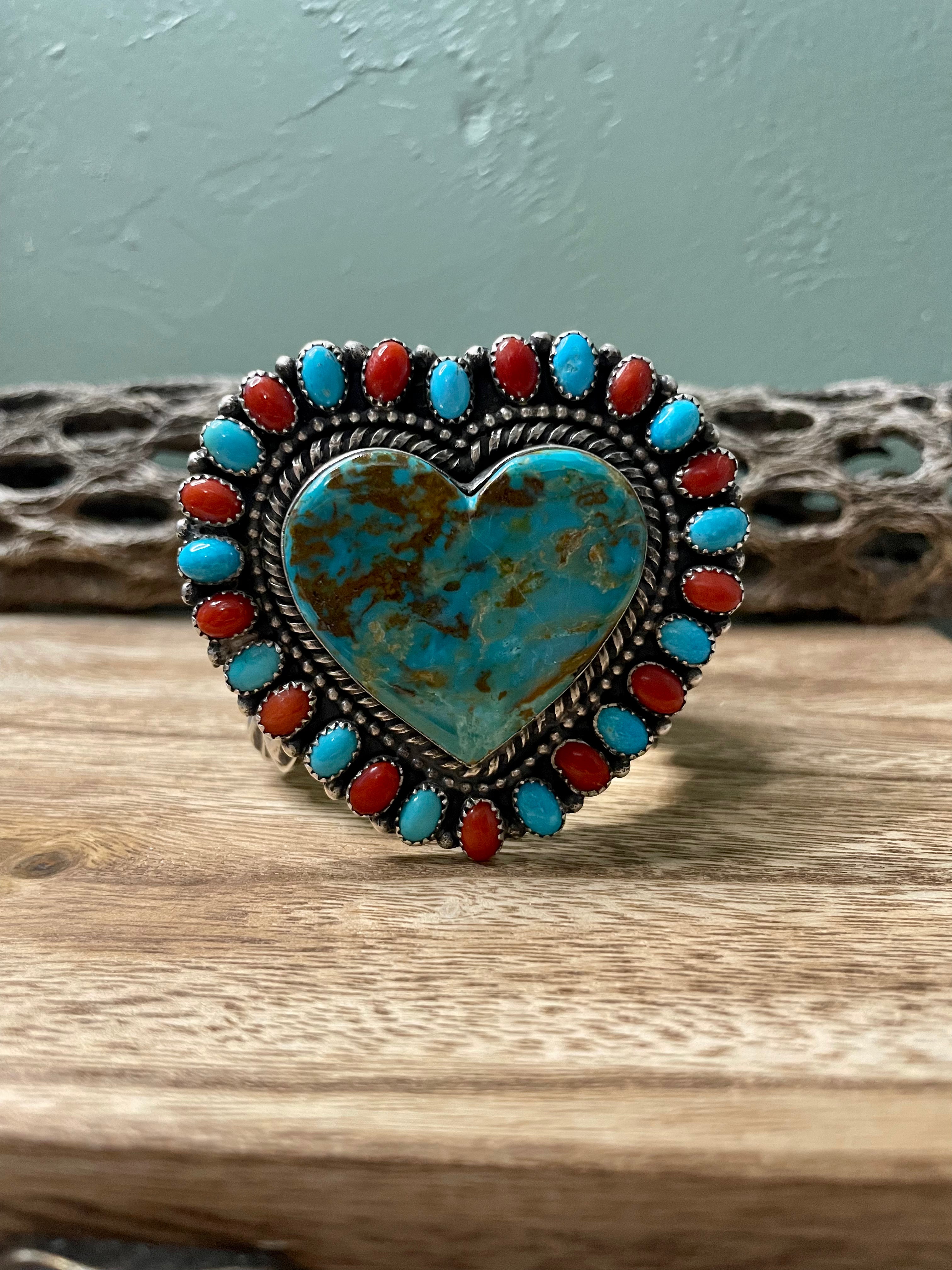 Navajo Sterling Heart Statement Turquoise And Natural Red Coral Bracelet Cuff Signed /