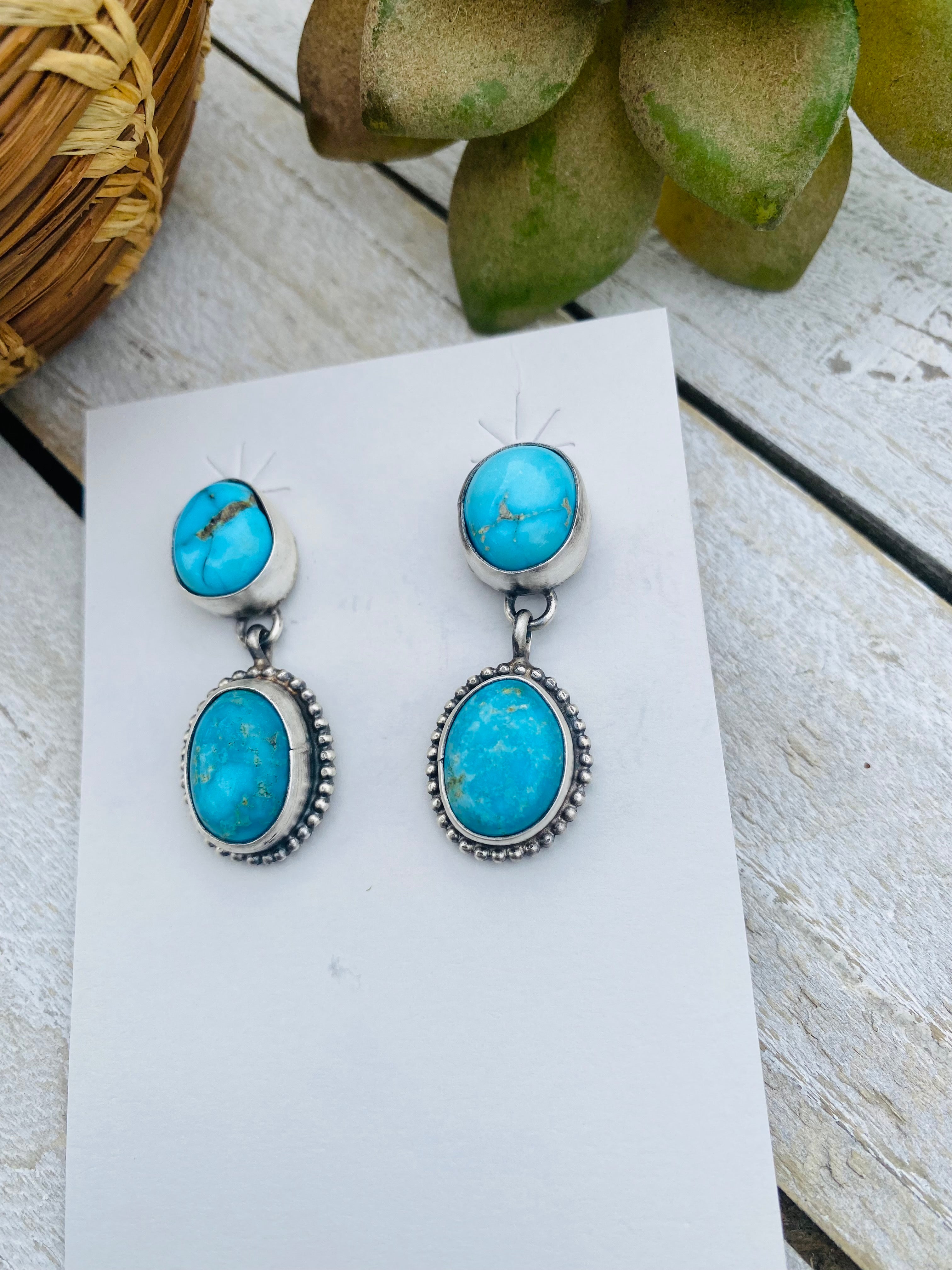 Handcrafted Sterling Silver And Turquoise Dangle Earrings Signed