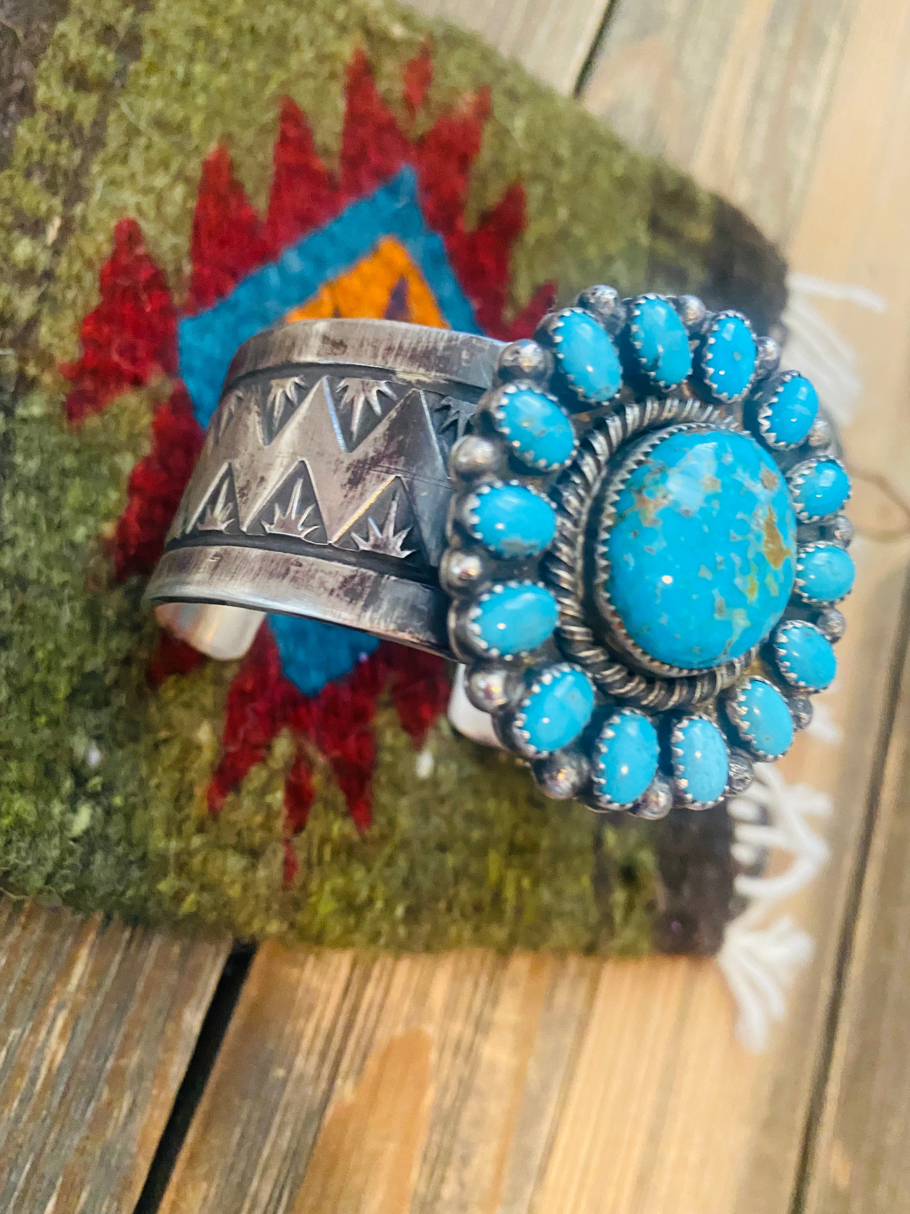 Handcrafted Kingman Turquoise And Sterling Silver Cluster Cuff Adjustable Bracelet /
