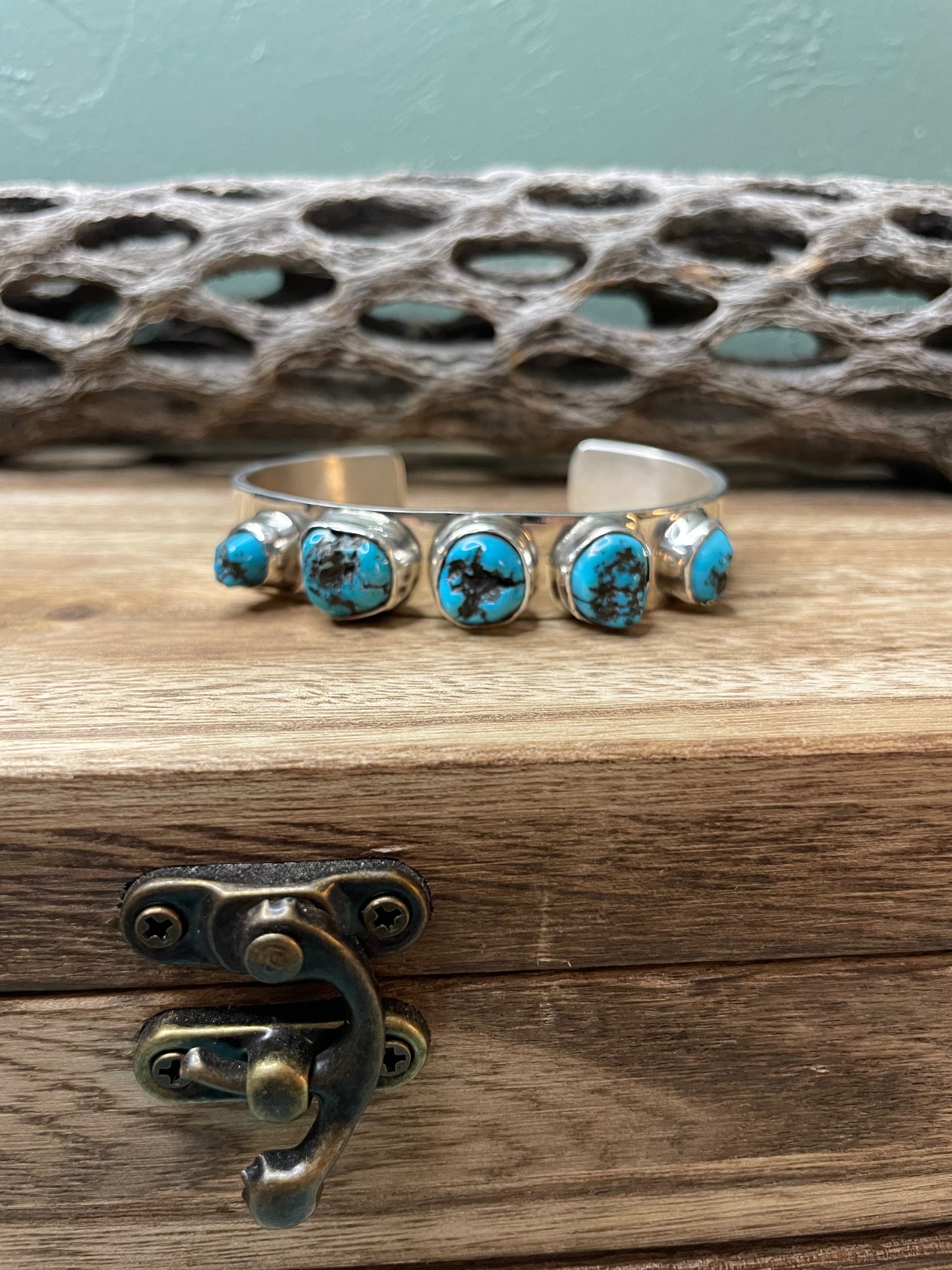 Navajo Sterling Silver 5 Stone Turquoise Cuff Chimney Butte Signed /