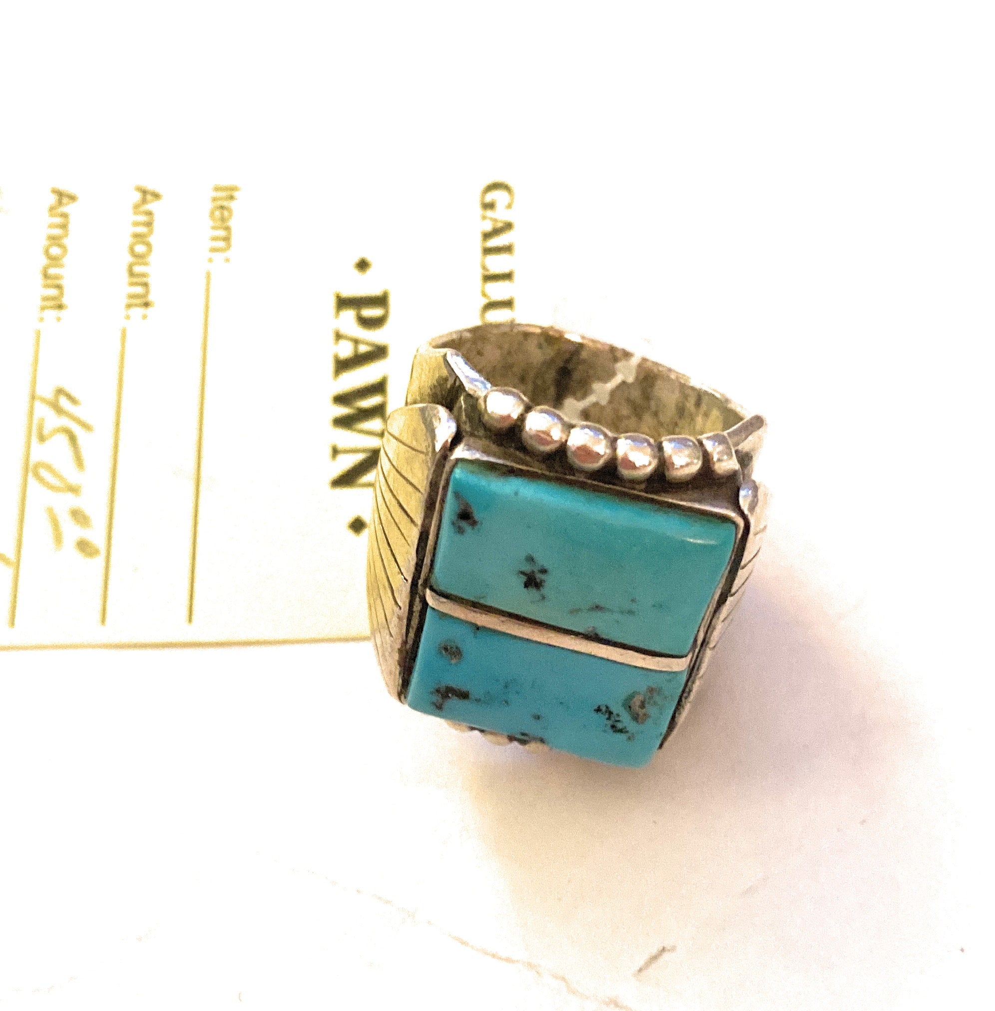 Old Pawn Vintage Handcrafted Sterling Silver & Turquoise Inlay Ring Size 10.5