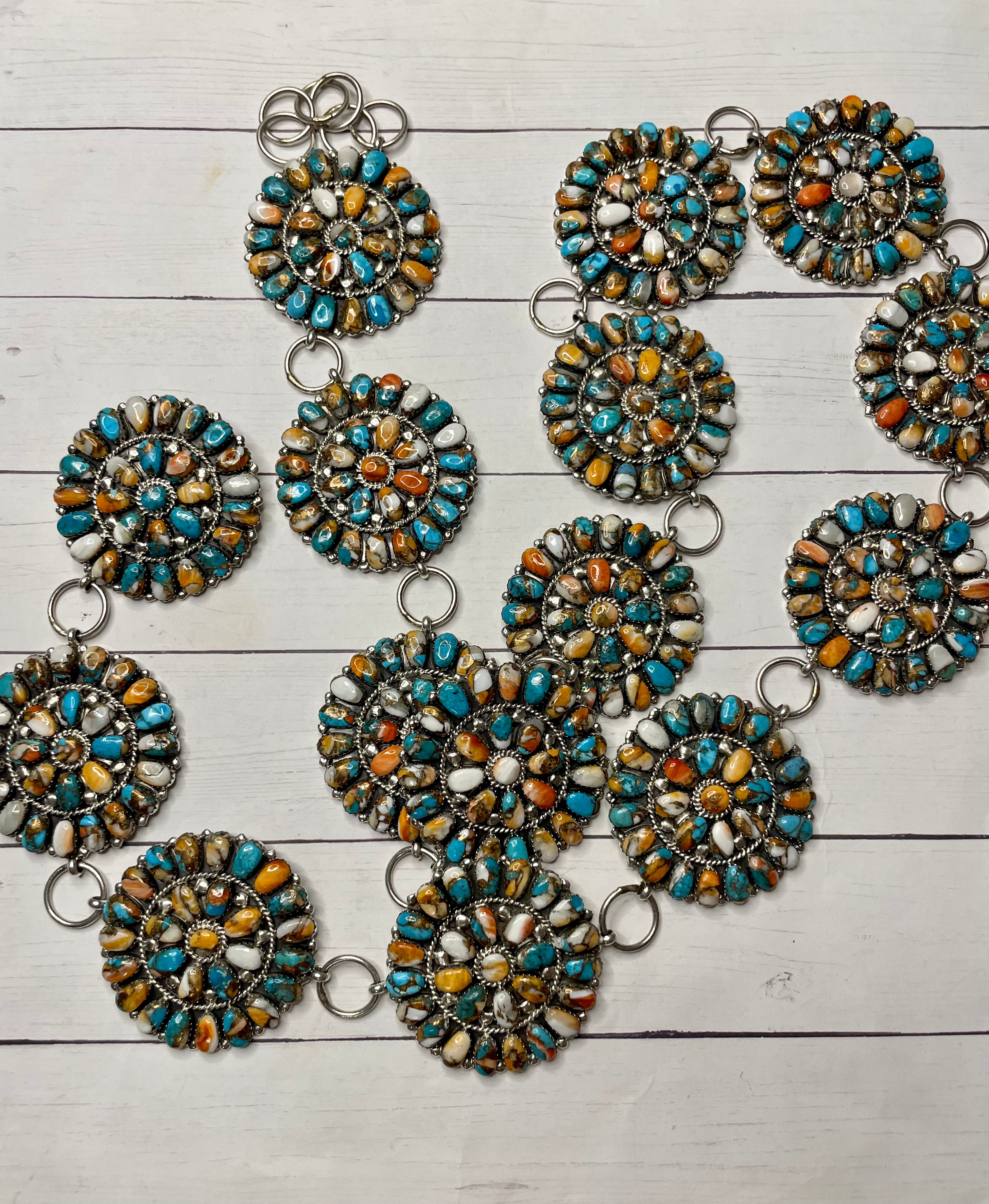 Navajo Multi Stone Spice Mojave Cluster And Sterling Silver Silver Belt, Signed TW