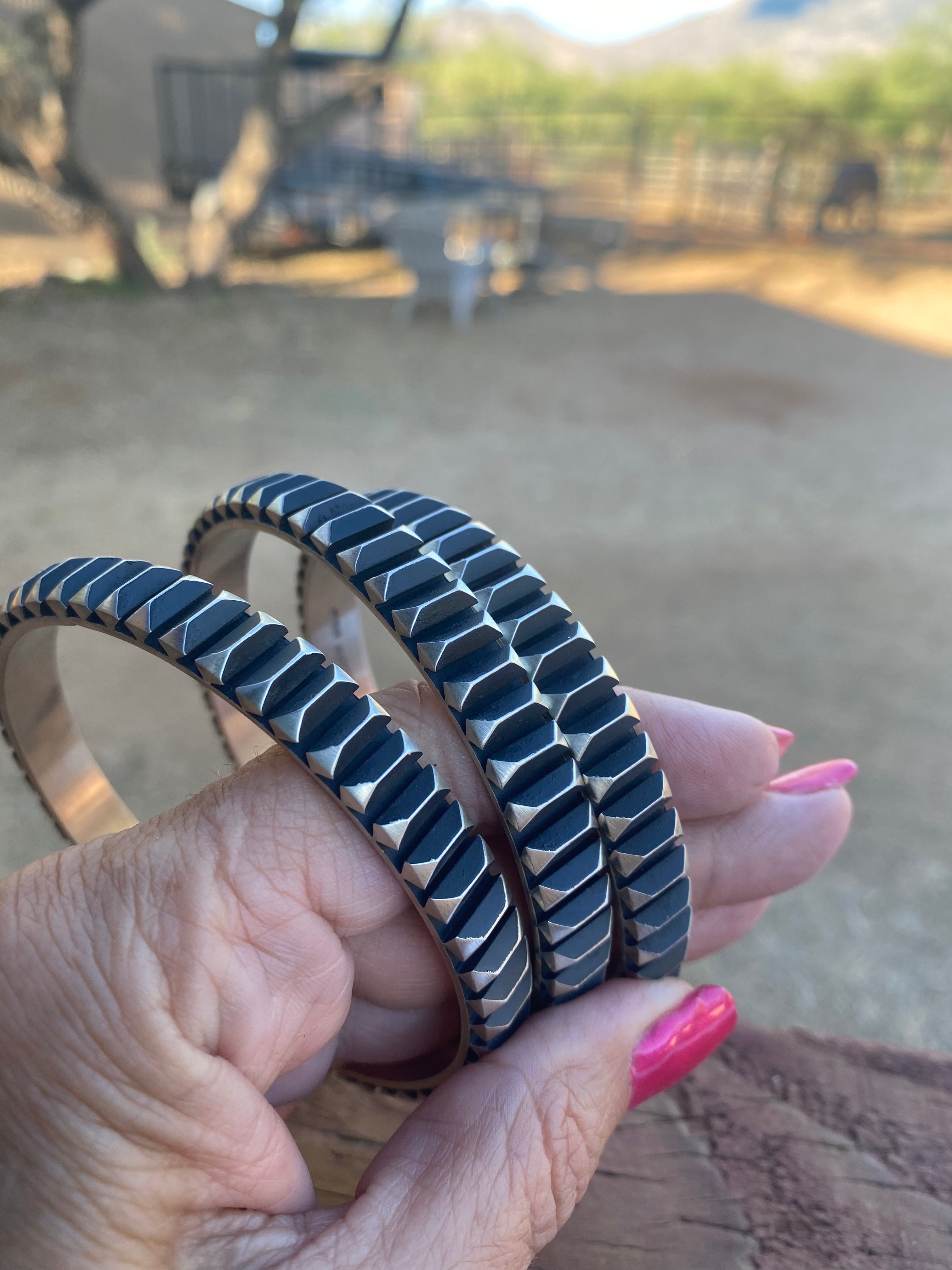 Leander Tahe Hand Stamped Sterling Navajo Bangle Signed