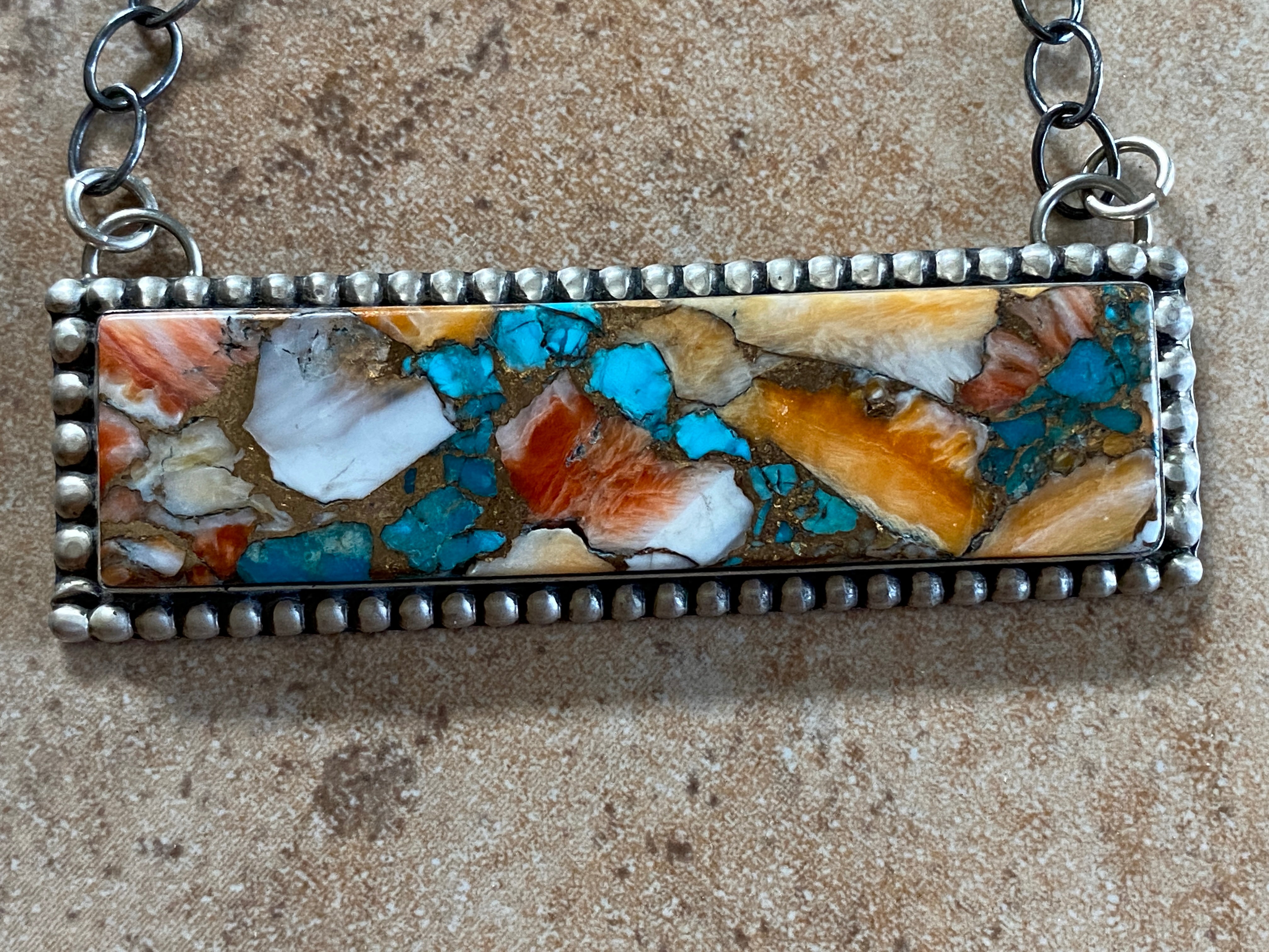 Handcrafted Multi Stone Sterling Silver Necklace 2 5/8”