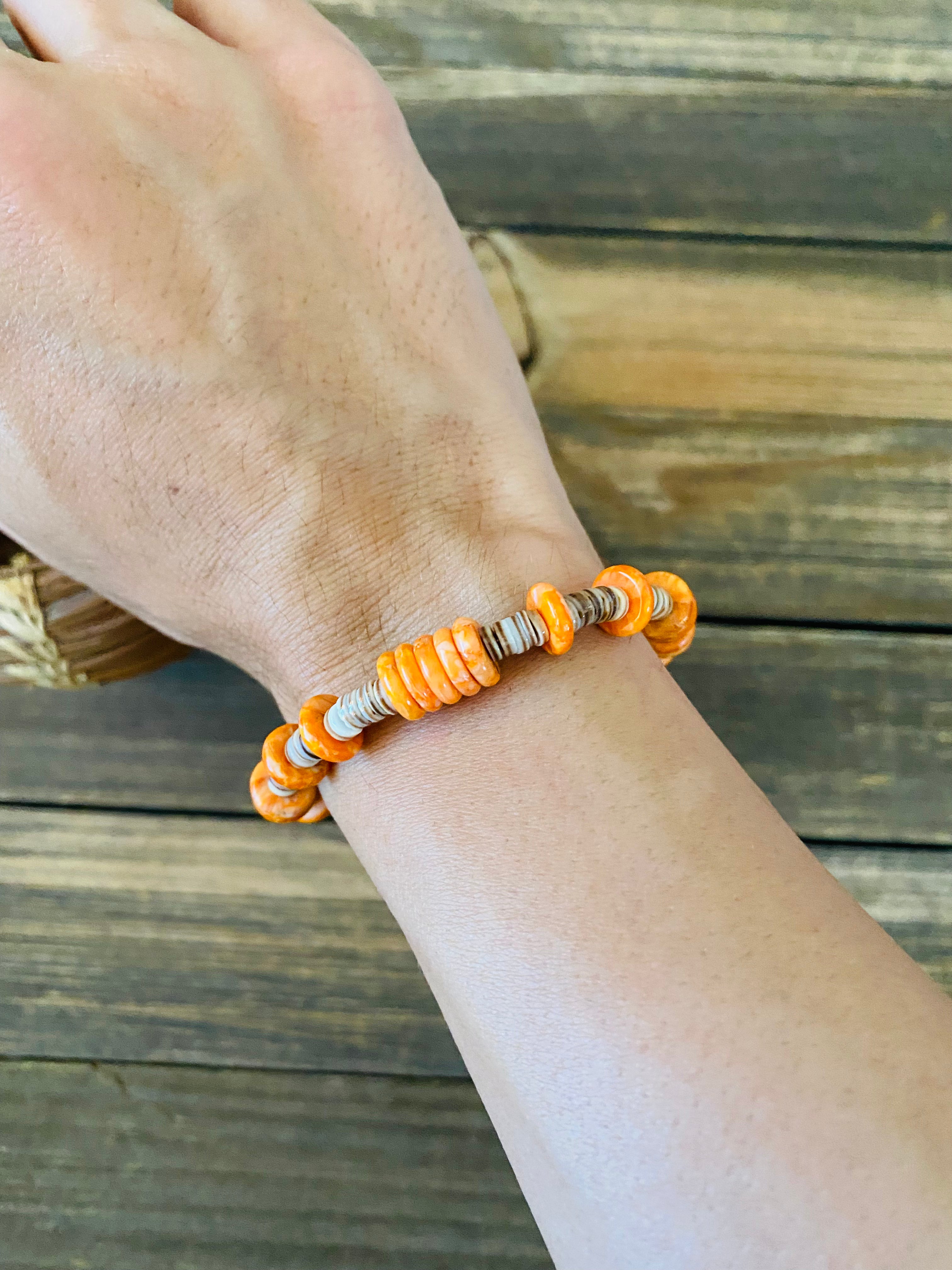 Handcrafted Orange Spiny, Heishi & Sterling Silver Beaded Bracelet