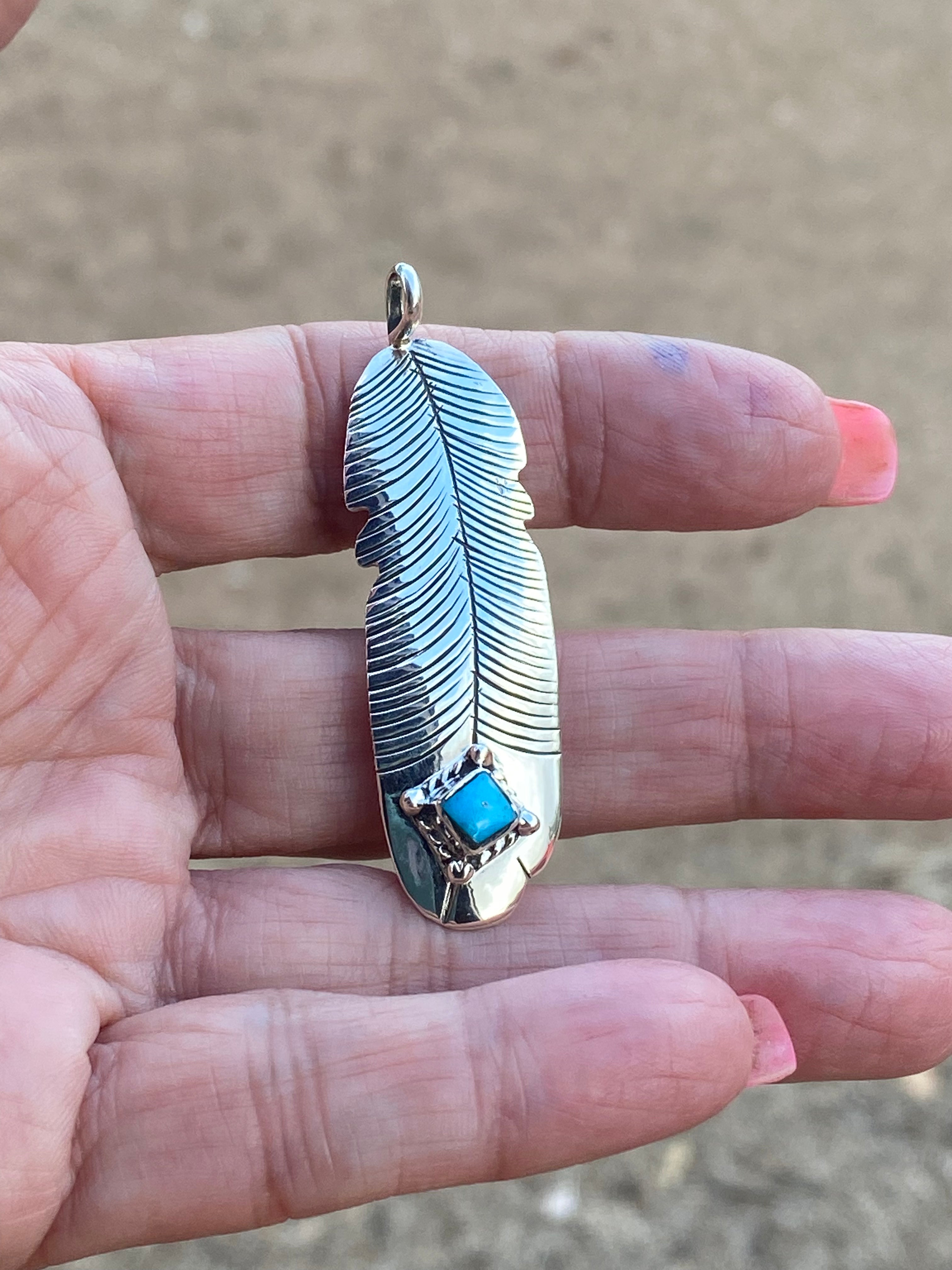 Handcrafted Kingman Turquoise & Sterling Silver Feather Pendant