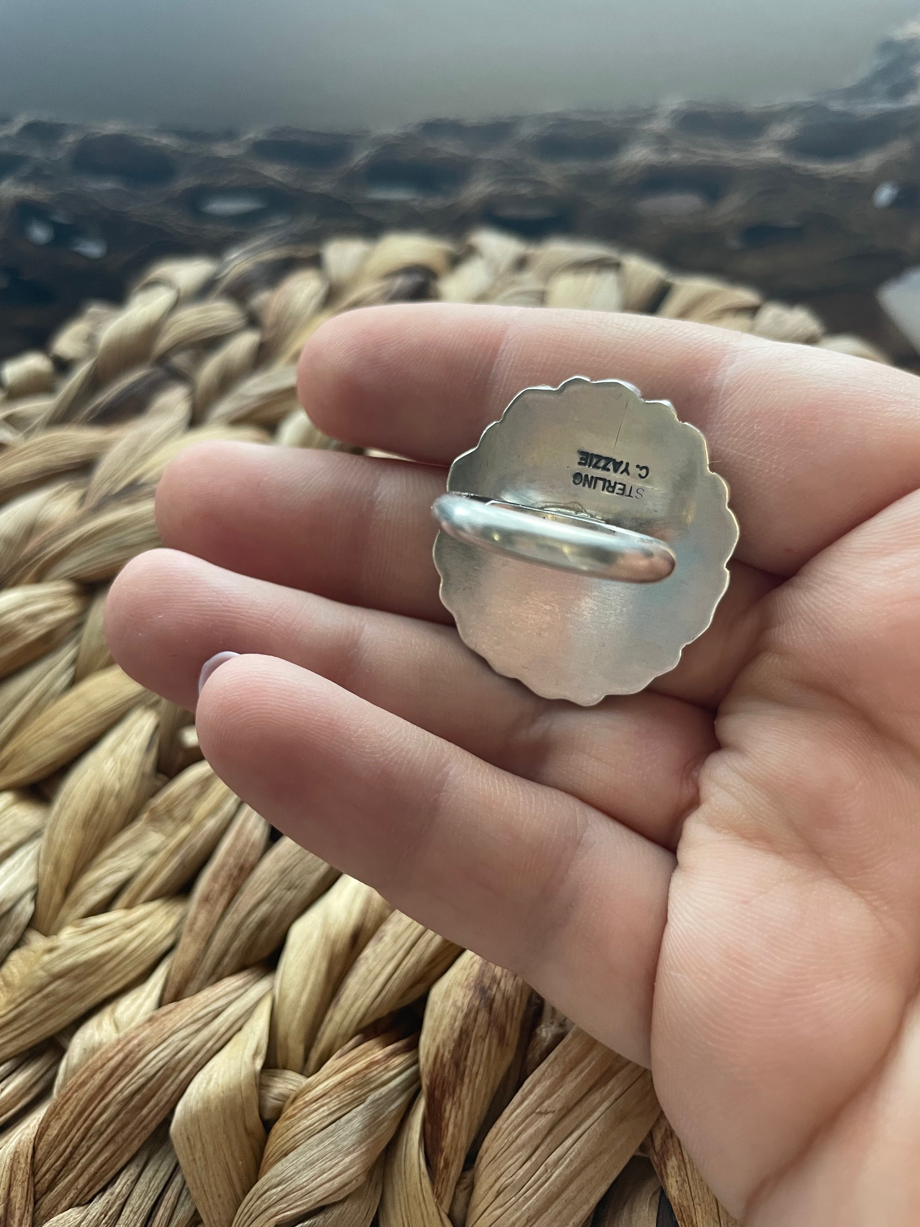 Handcrafted Golden Hills Turquoise, Pink Conch, and Sterling Silver Adjustable Ring Signed C. Yazzie