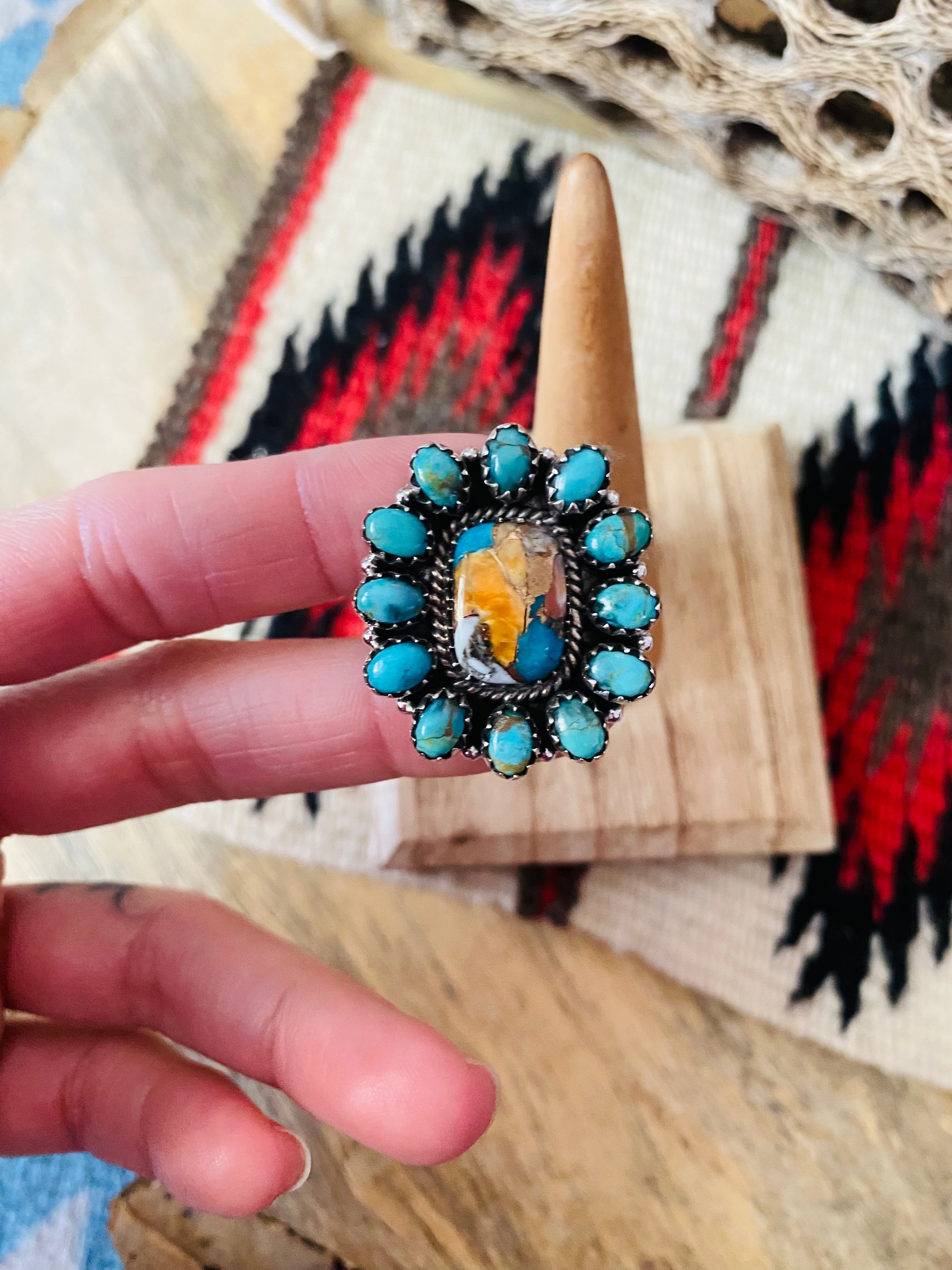 Handmade Sterling Silver, Spice & Turquoise Cluster Adjustable Ring