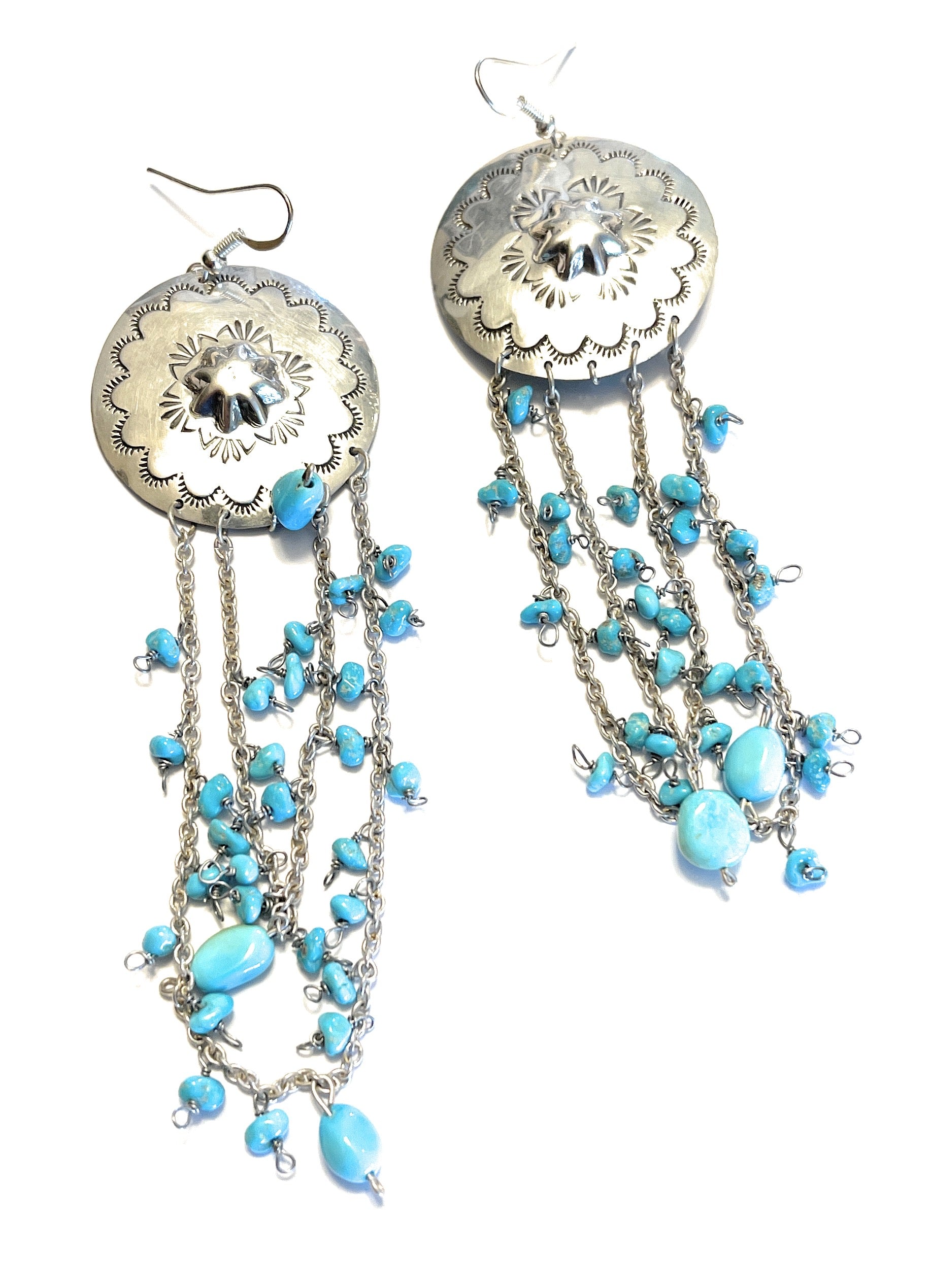 Sterling Silver Turquoise Concho Chain Dangle Earrings