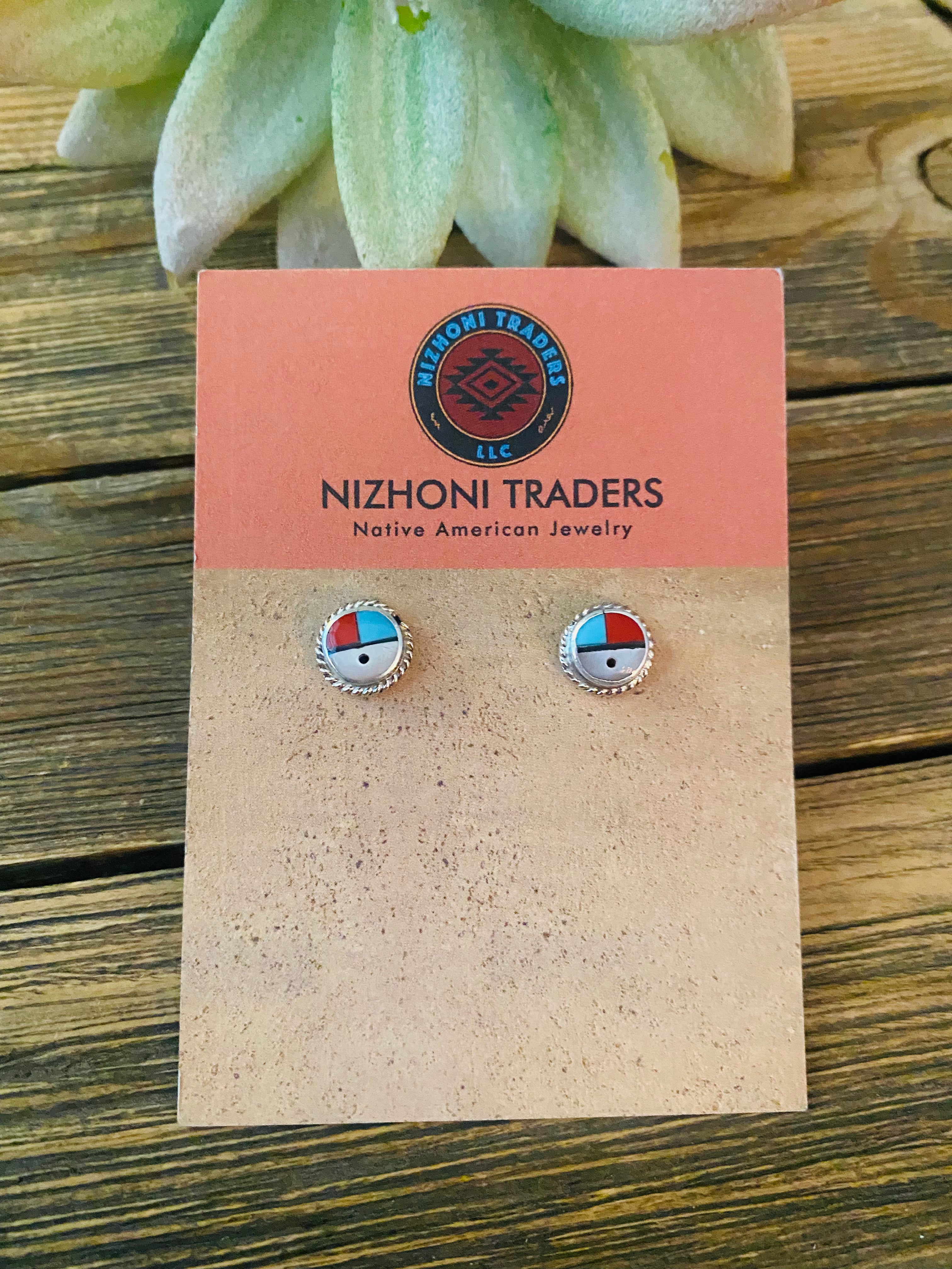 Zuni Sun Face Multi Stone And Sterling Stud Earrings