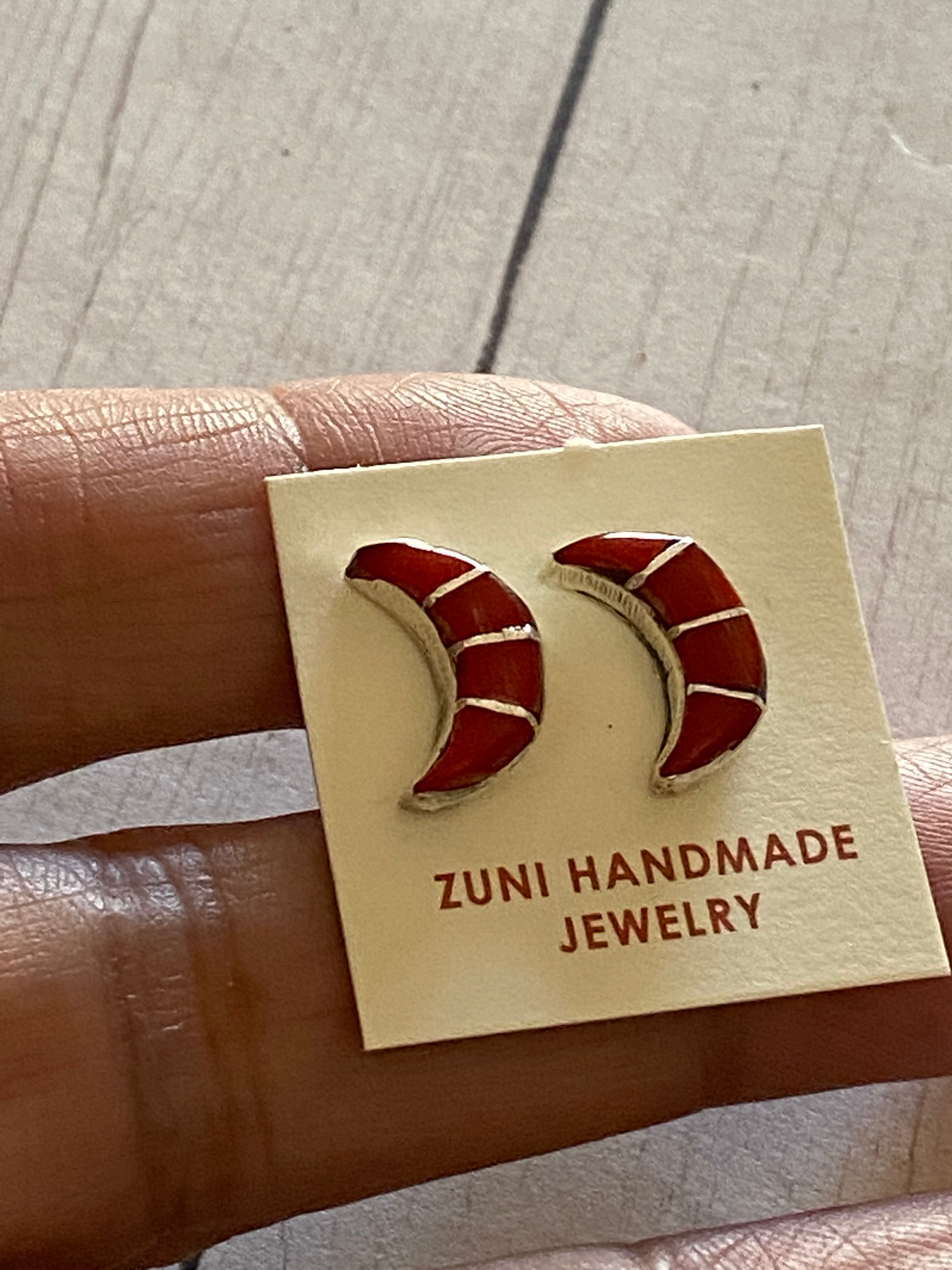 Handcrafted Sterling Silver & Coral Inlay Moon Stud Earrings