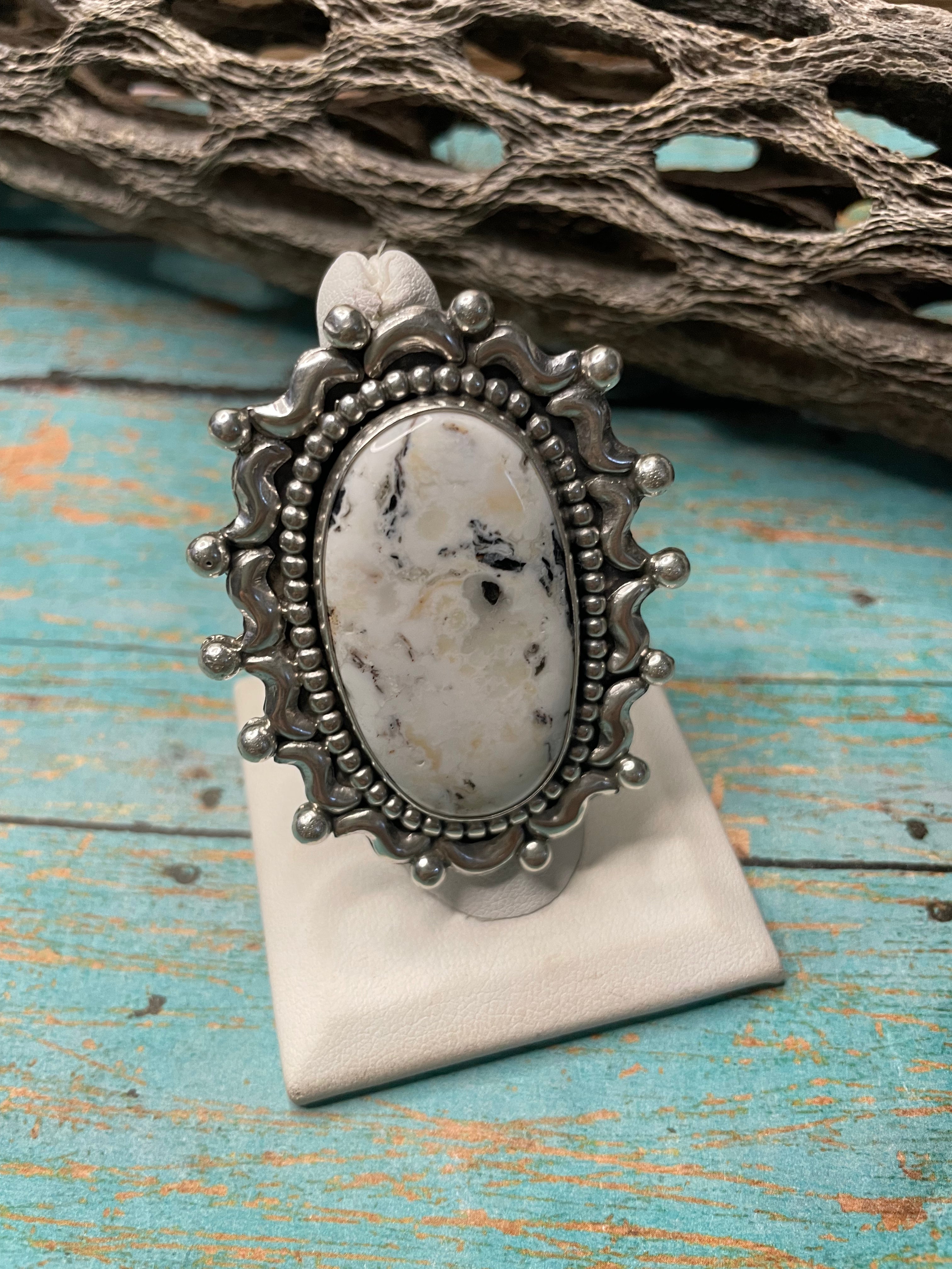 Handcrafted Sterling Silver & White Buffalo Adjustable Ring Signed