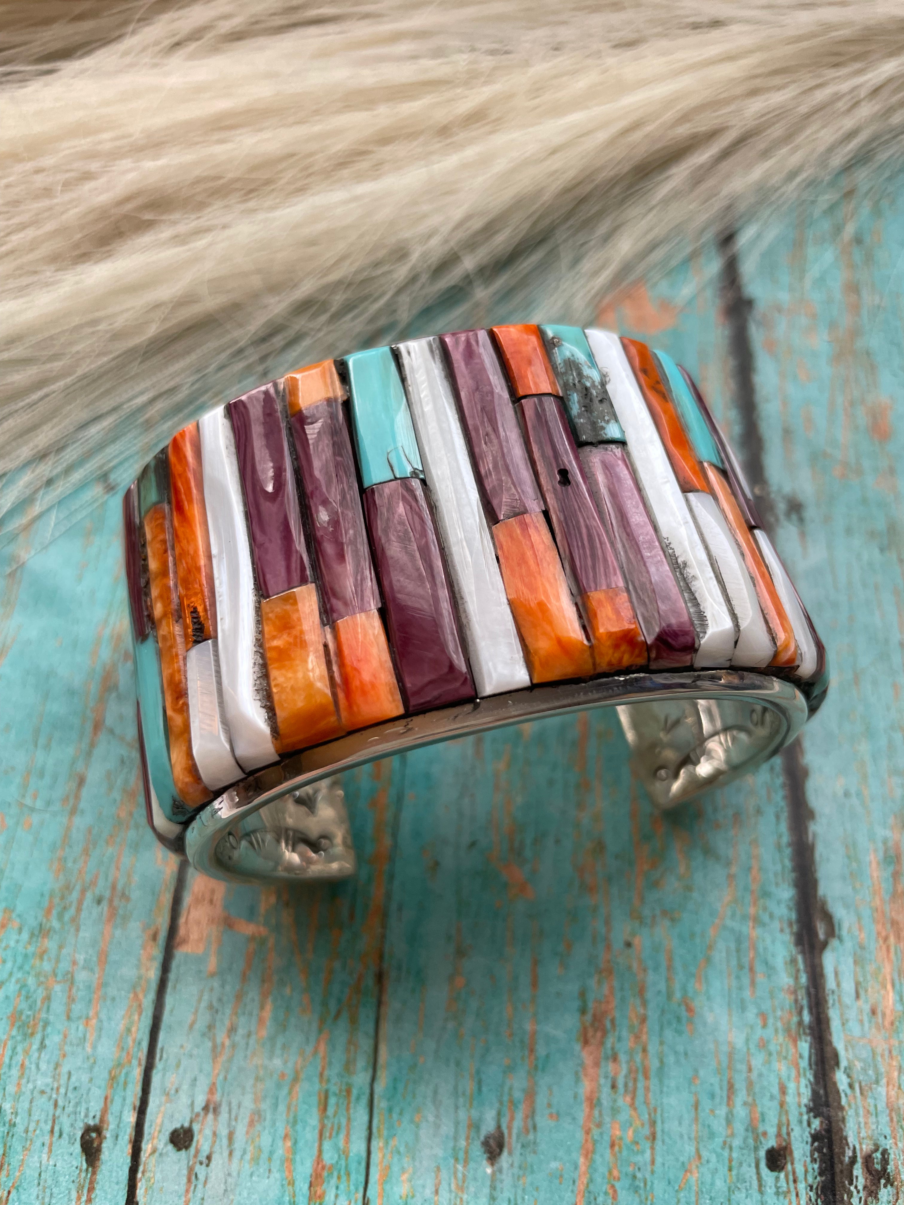 Navajo Sterling Silver & Multi Cobblestone Cuff Bracelet Signed