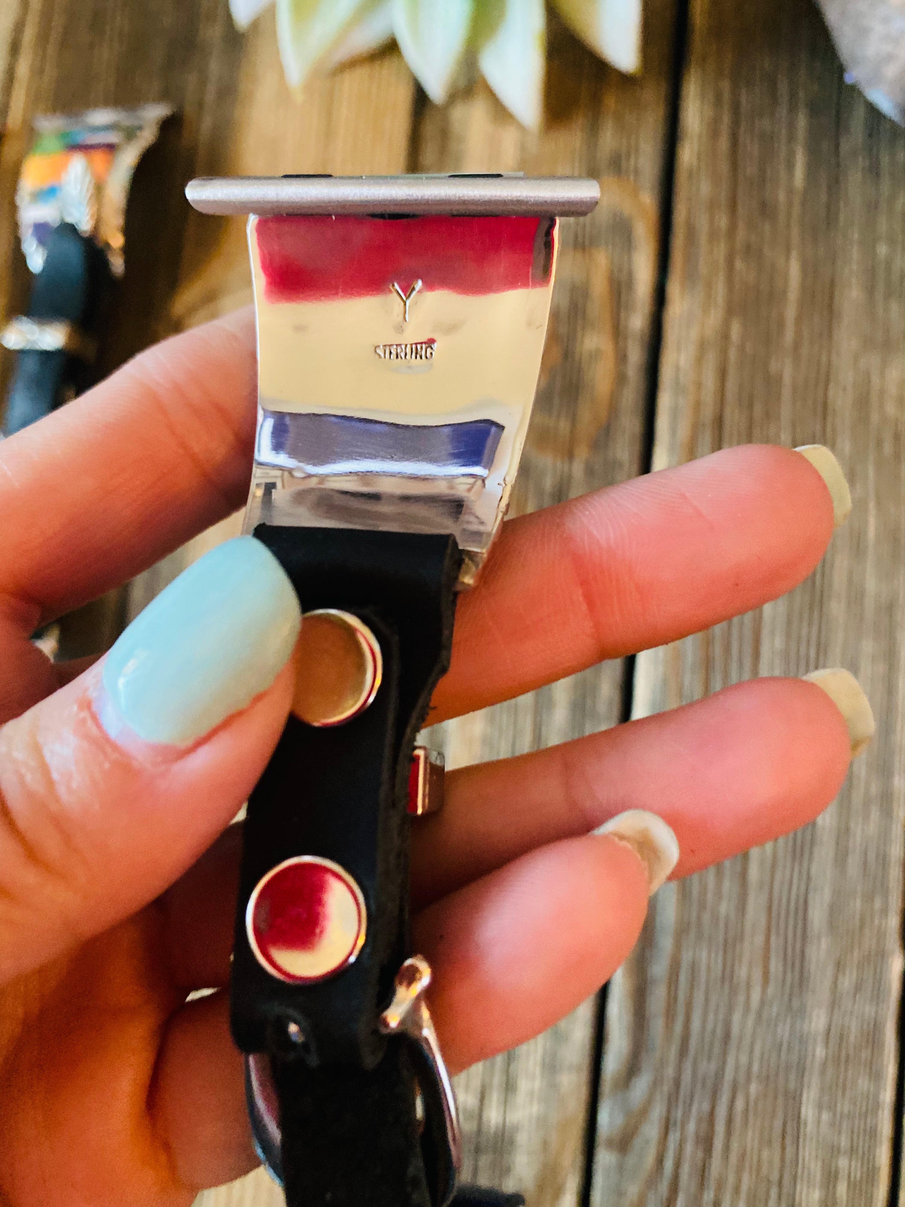 Handcrafted Multi Stone, Sterling Silver & Black Leather Smartphone Watch Band