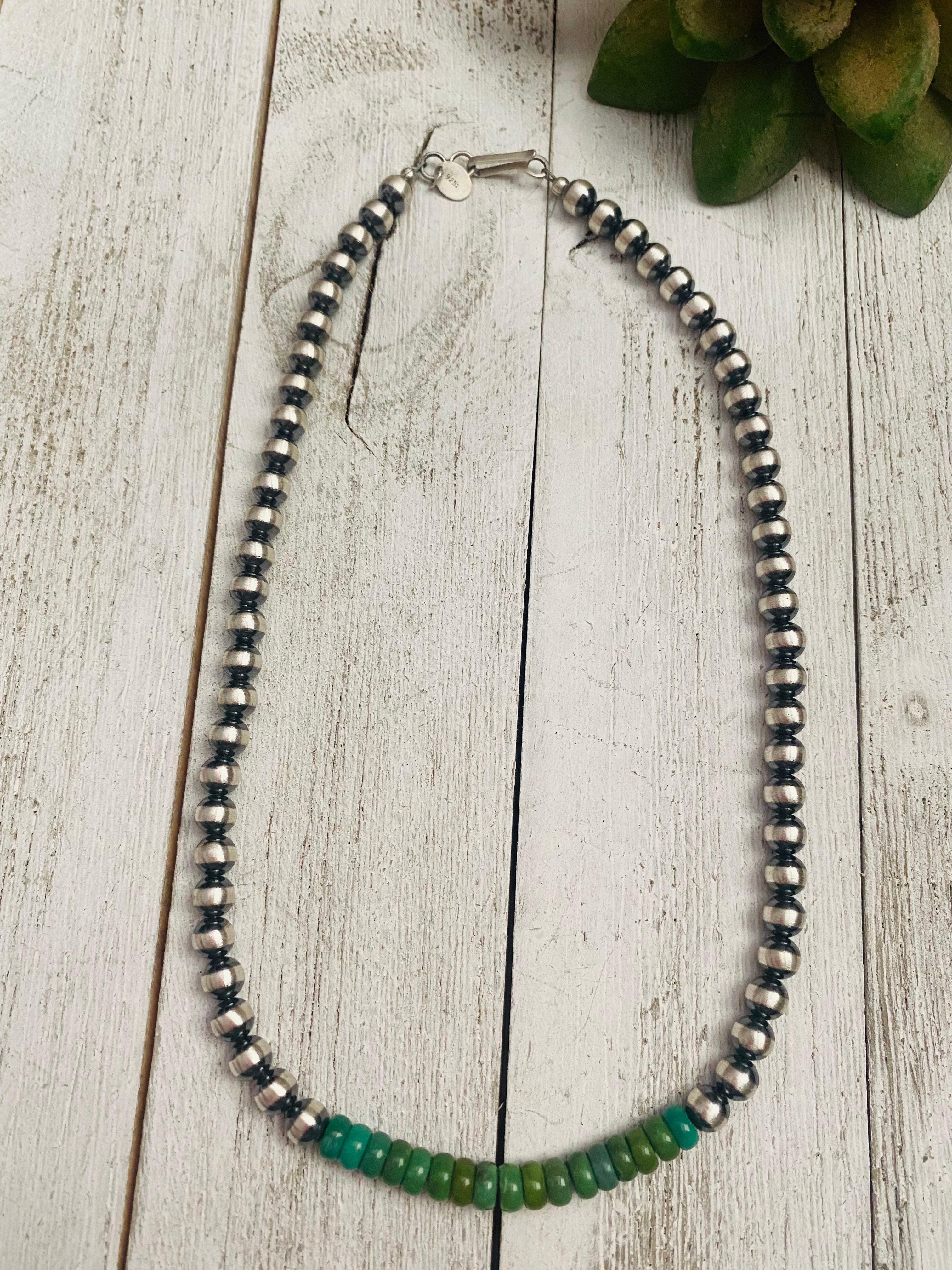 Handcrafted Turquoise & Sterling Silver Beaded 6mm Necklace 16”