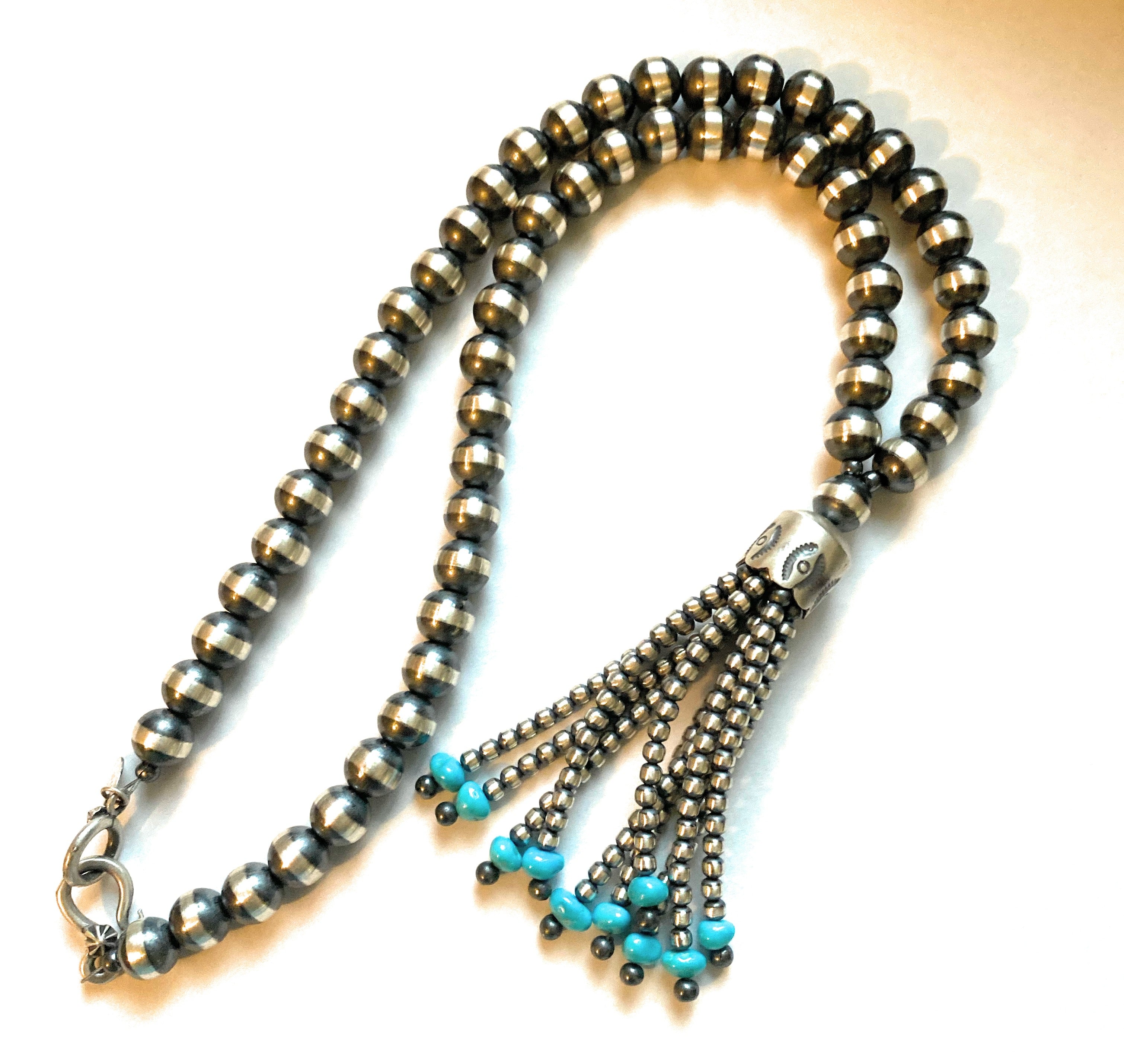 Handcrafted Sterling Silver Beaded Turquoise Tassel Necklace