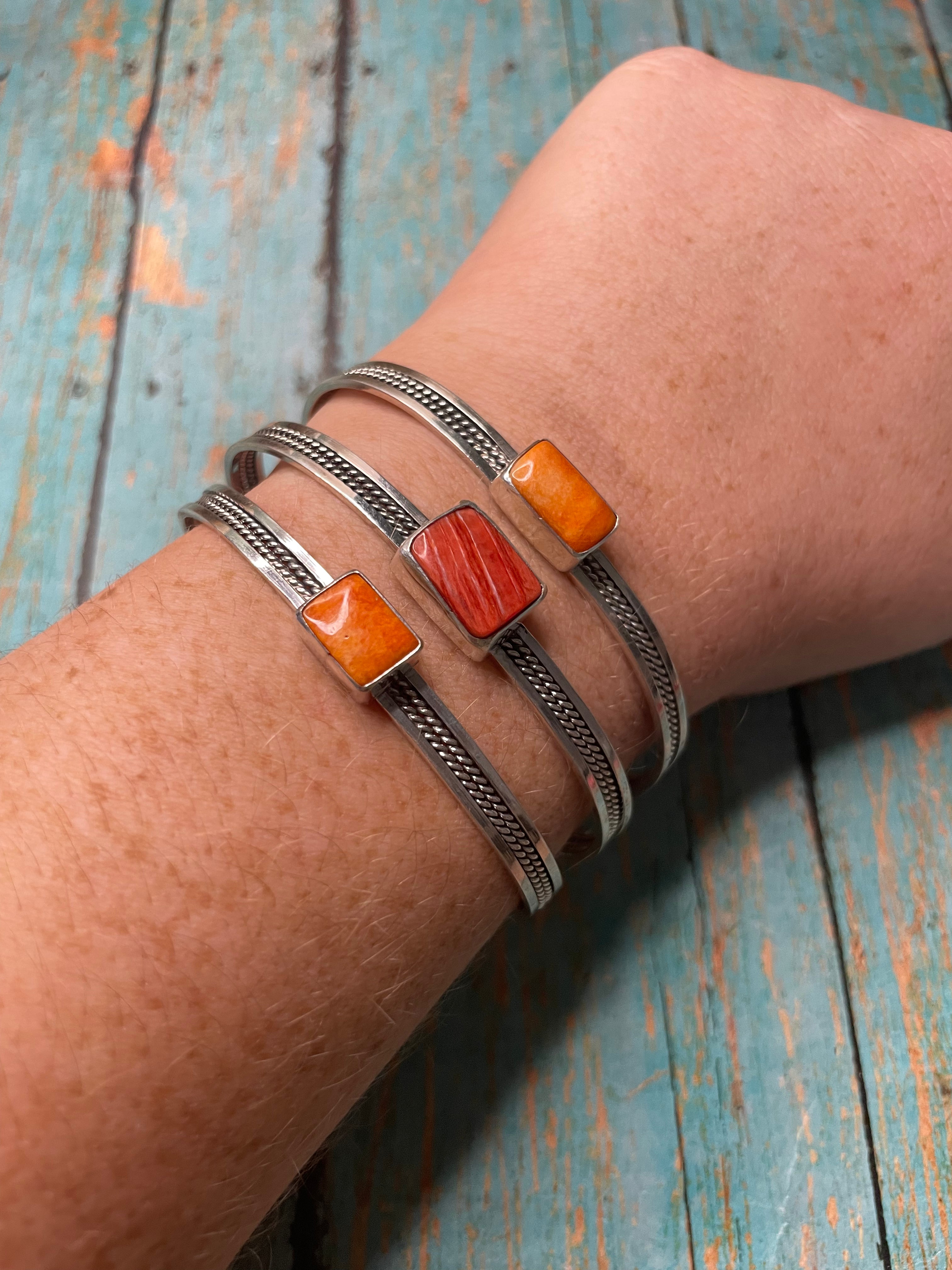 Handcrafted Orange Spiny & Sterling Silver Adjustable Cuff Bracelet