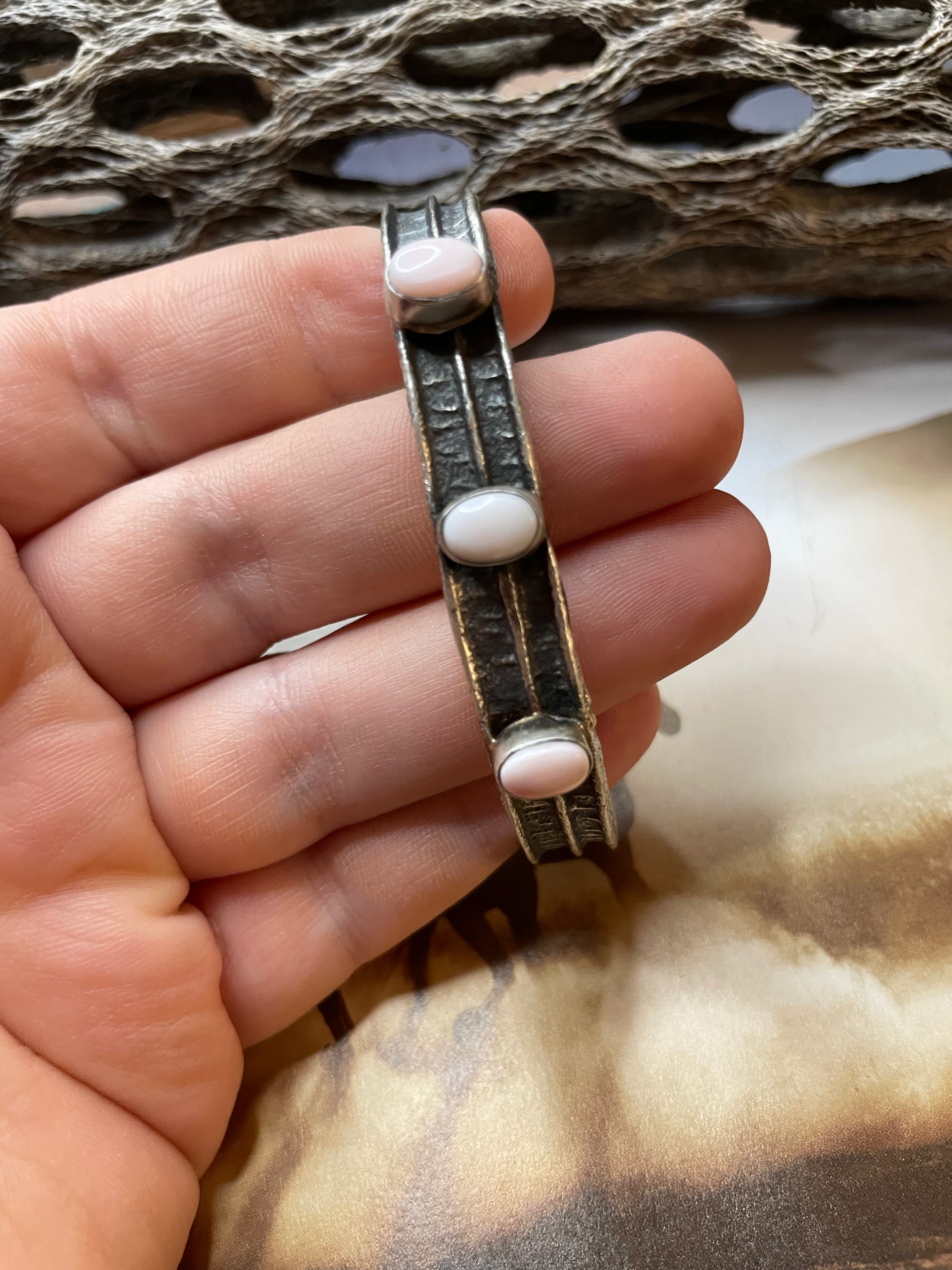 Handcrafted Pink Conch & Sterling Silver Tufa Cast Cuff Bracelet Signed