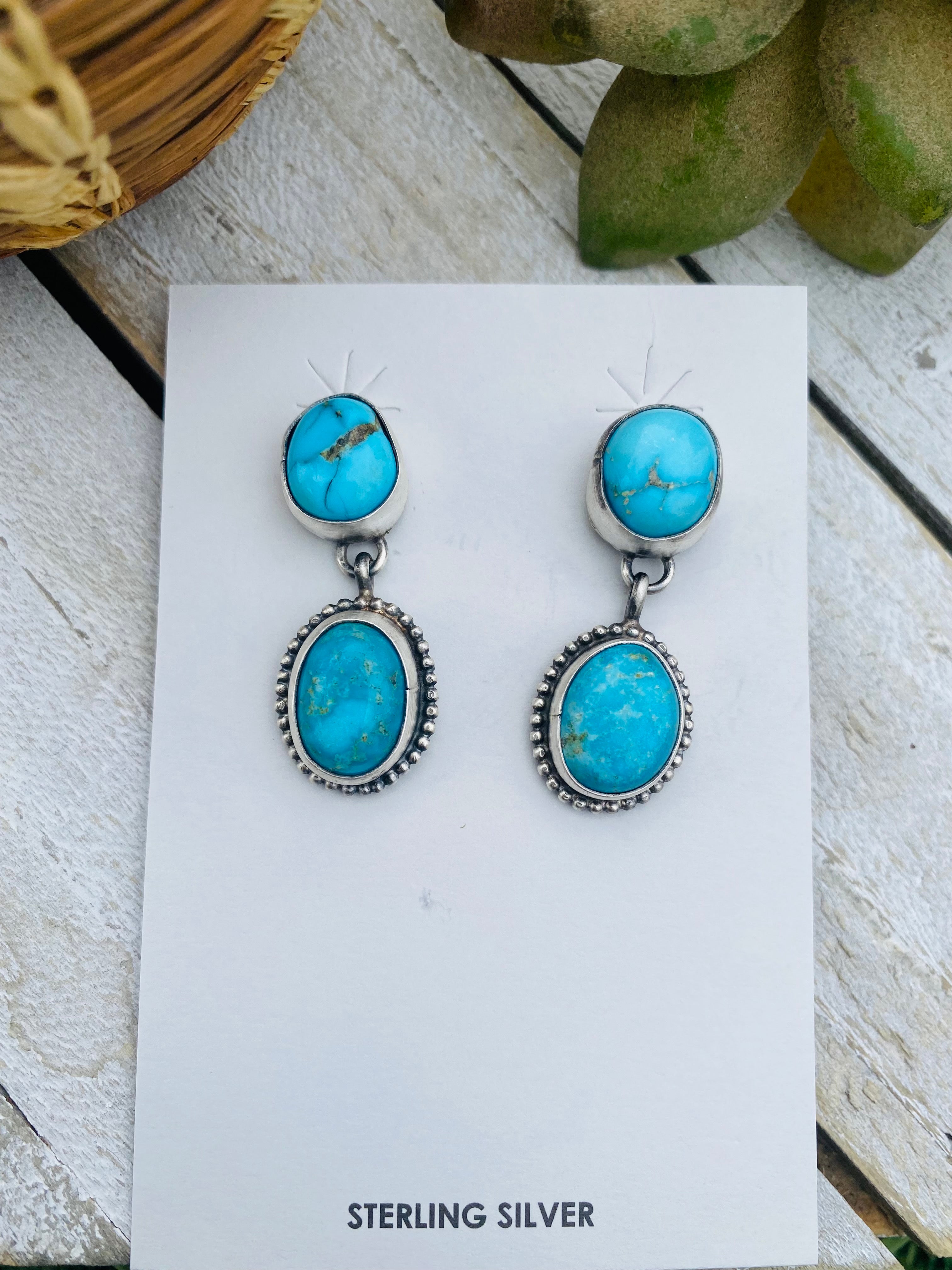 Handcrafted Sterling Silver And Turquoise Dangle Earrings Signed