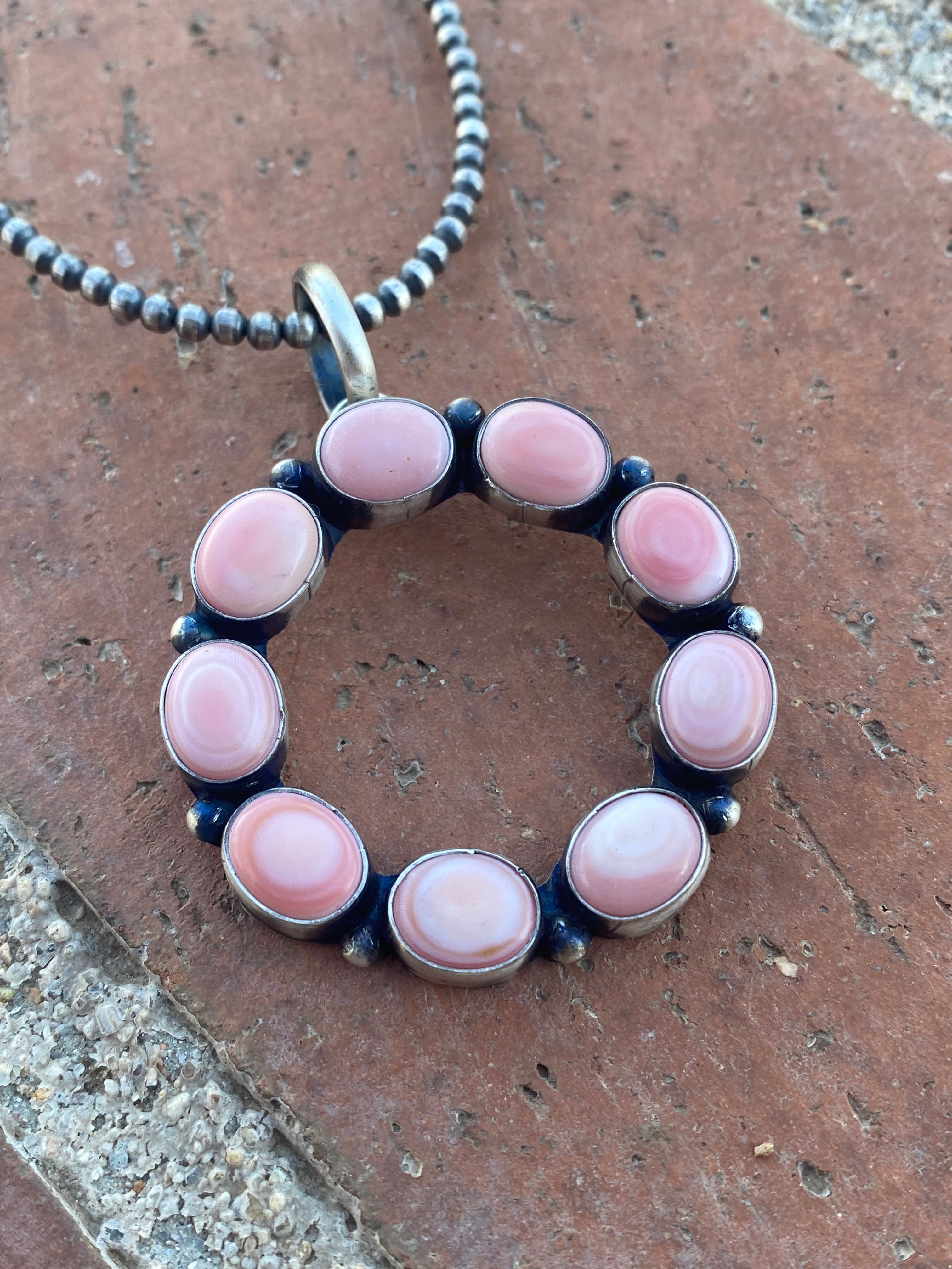 Handcrafted Round Queen Pink Conch & Sterling Silver Pendant Signed