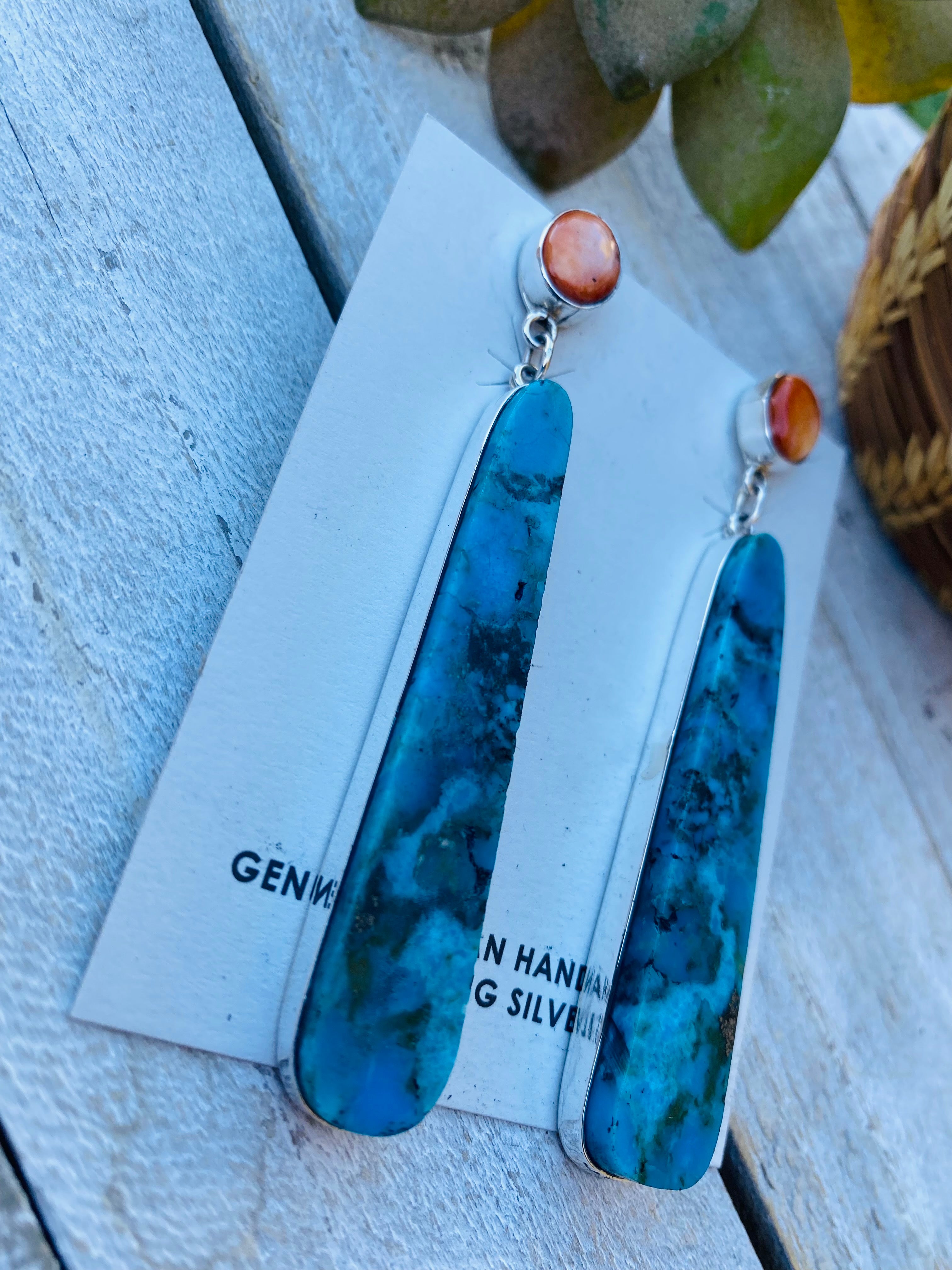 Handcrafted Sterling Silver, Turquoise & Orange Spiny Slab Dangle Earrings
